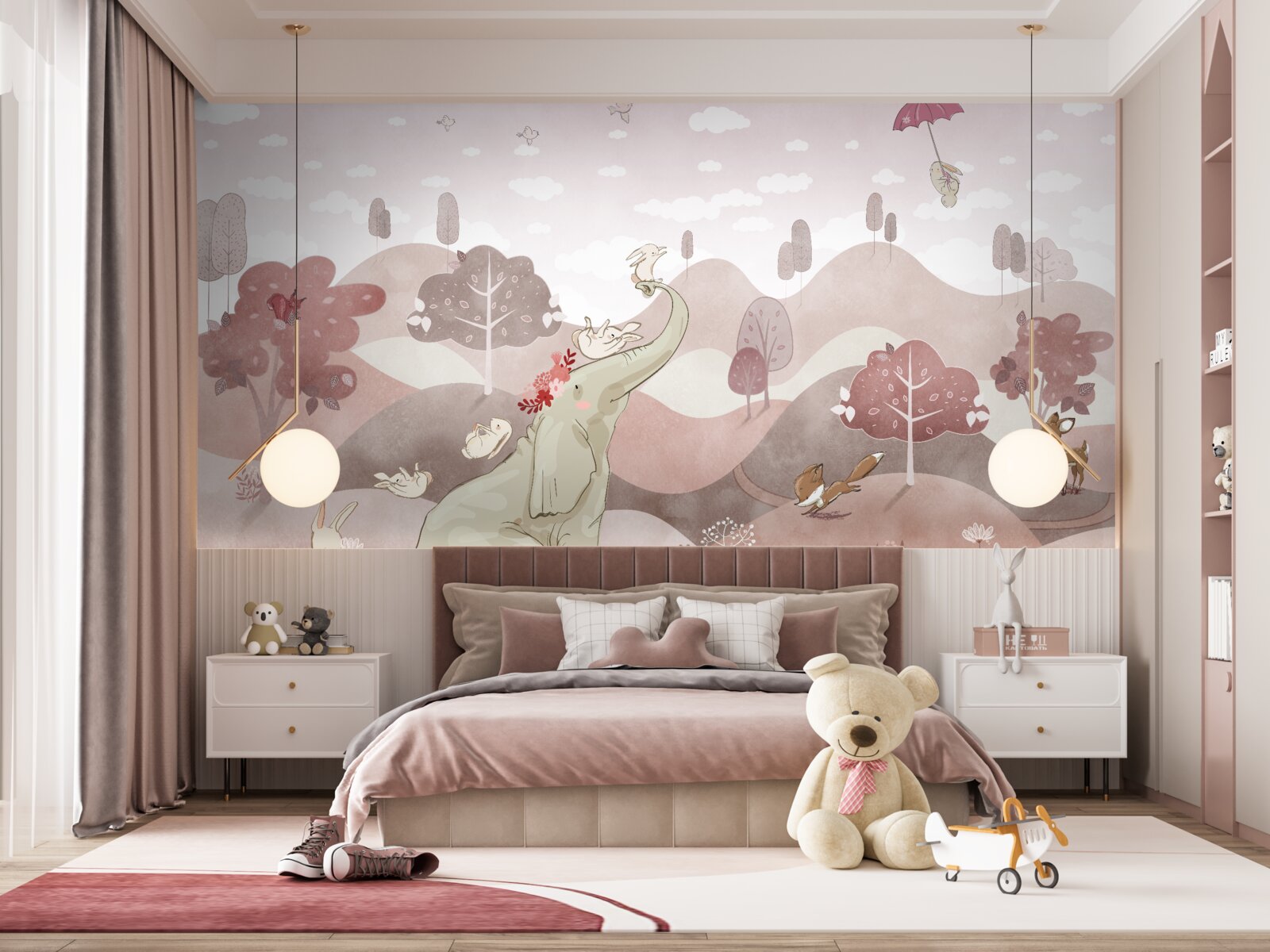 Fotobehang een babyolifant en hazen lopen door de weilanden