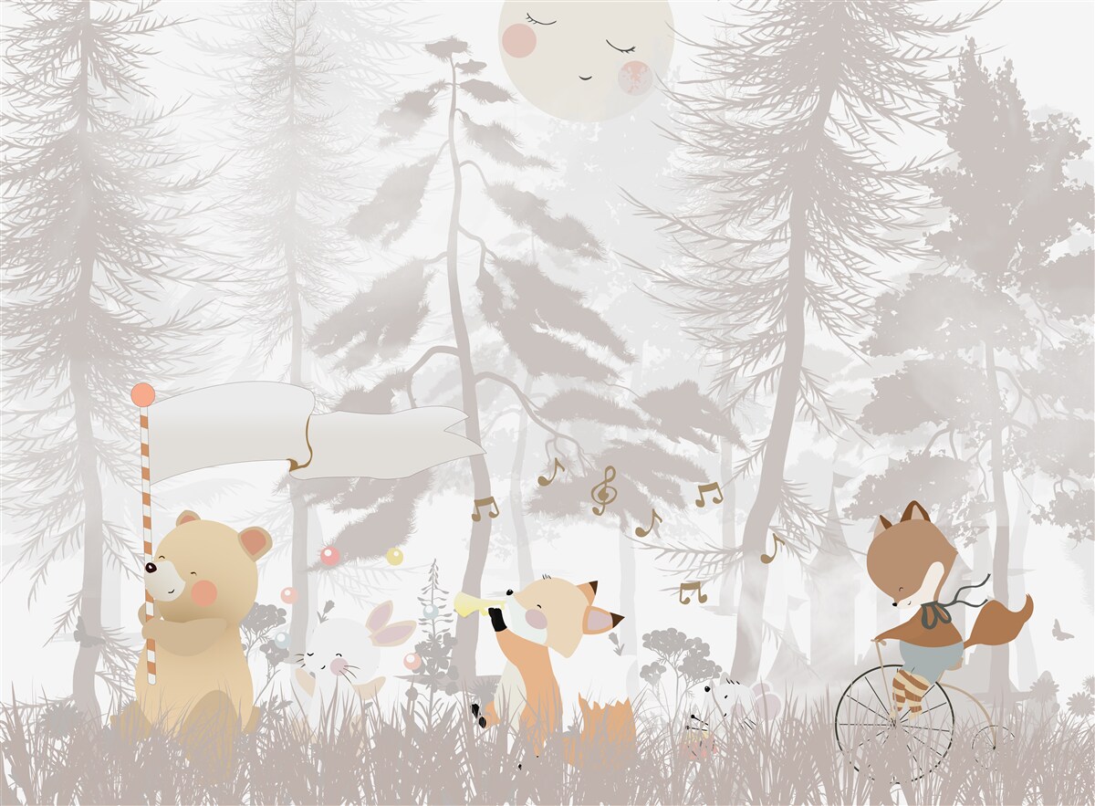 Fotobehang dieren lopen door een mistig bos