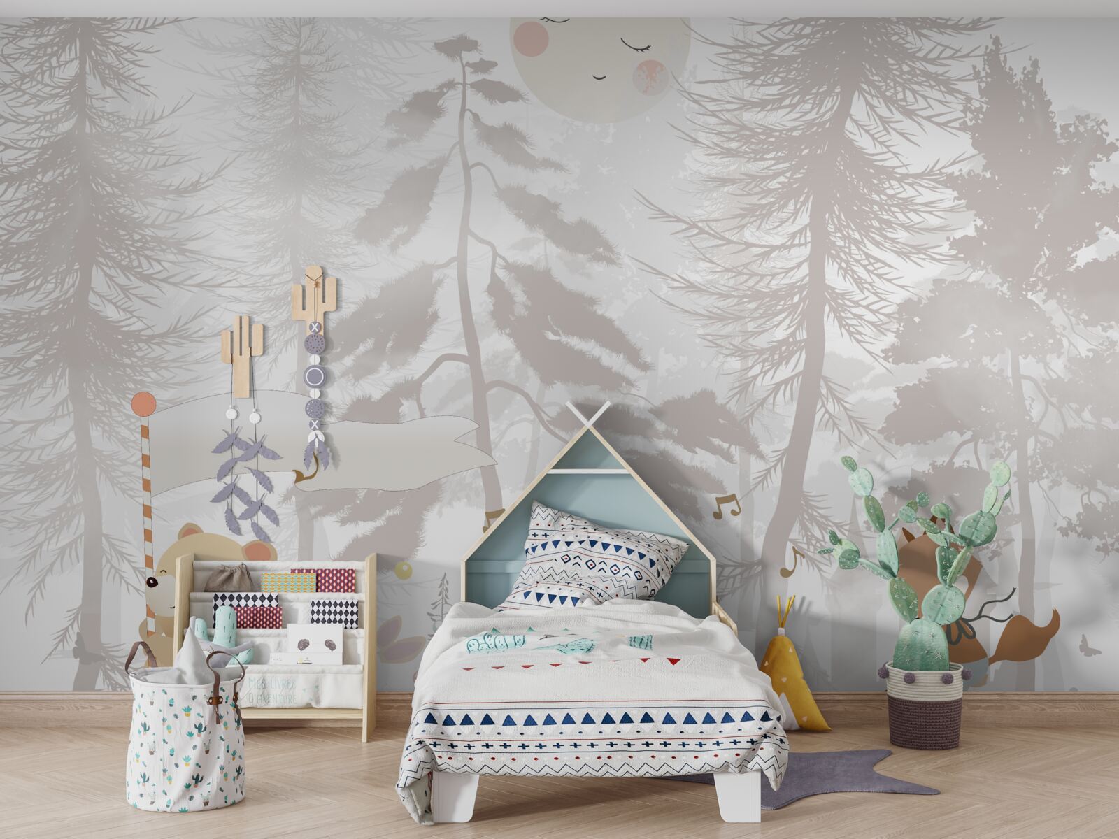 Fotobehang dieren lopen door een mistig bos