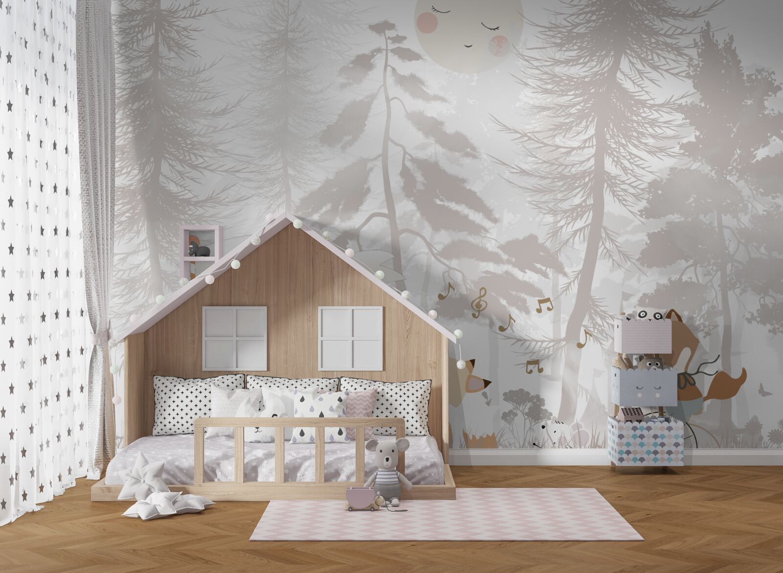 Fotobehang dieren lopen door een mistig bos