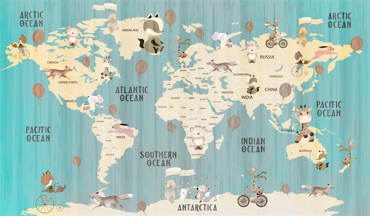 Fotobehang wereldkaart voor kinderen met kleurverloop