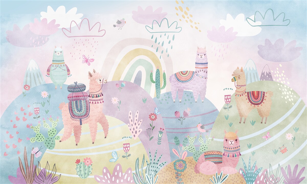 Fotobehang velden waar lama's lopen