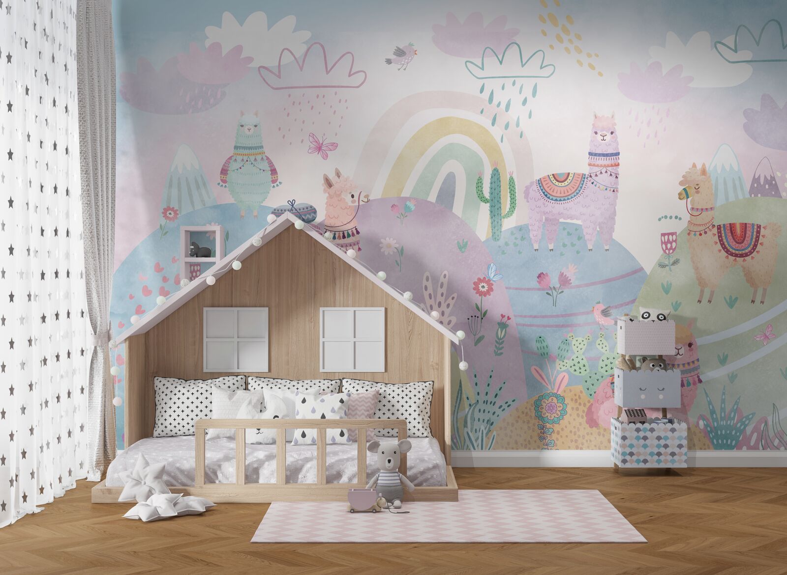 Fotobehang velden waar lama's lopen