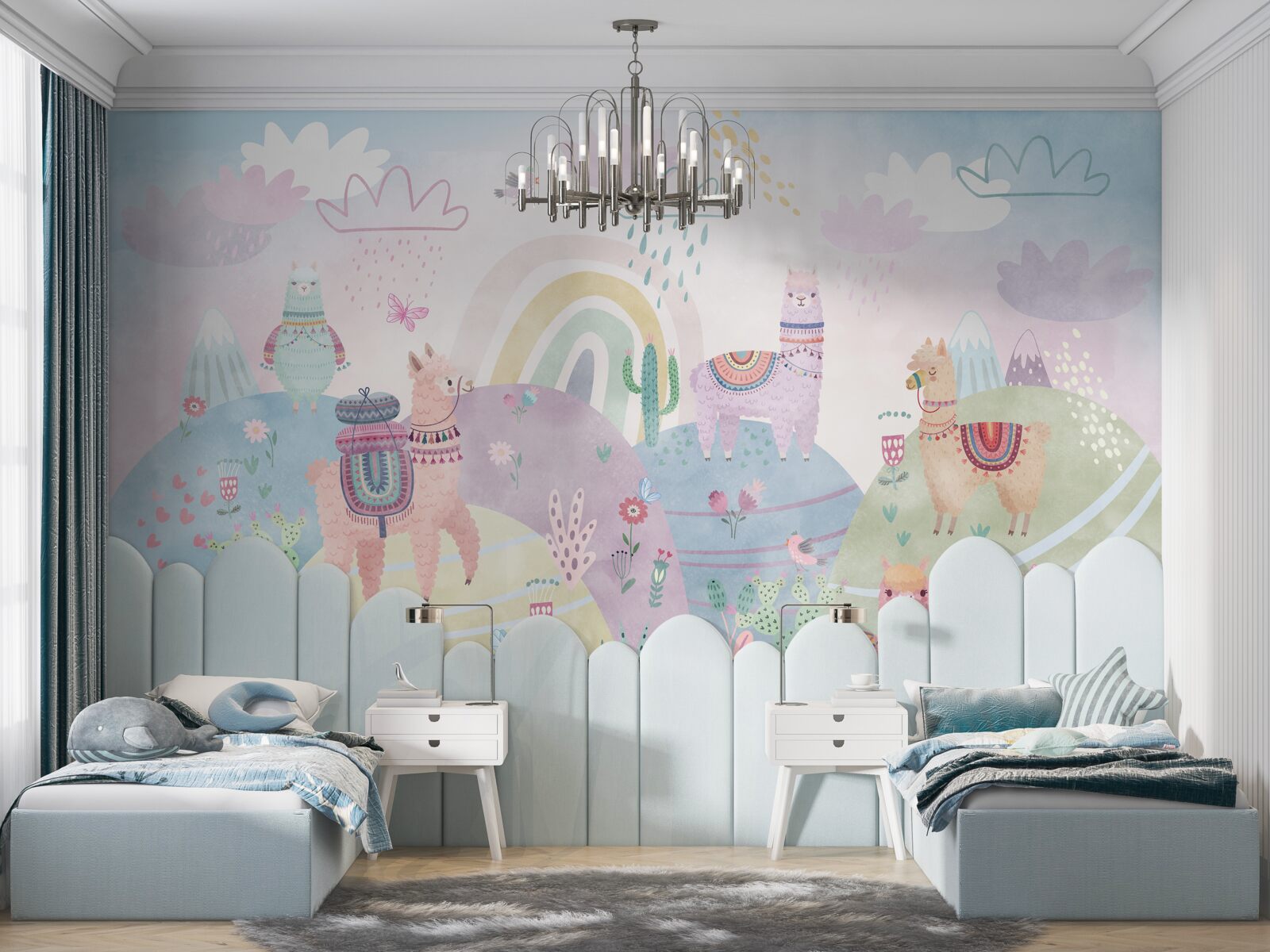 Fotobehang velden waar lama's lopen