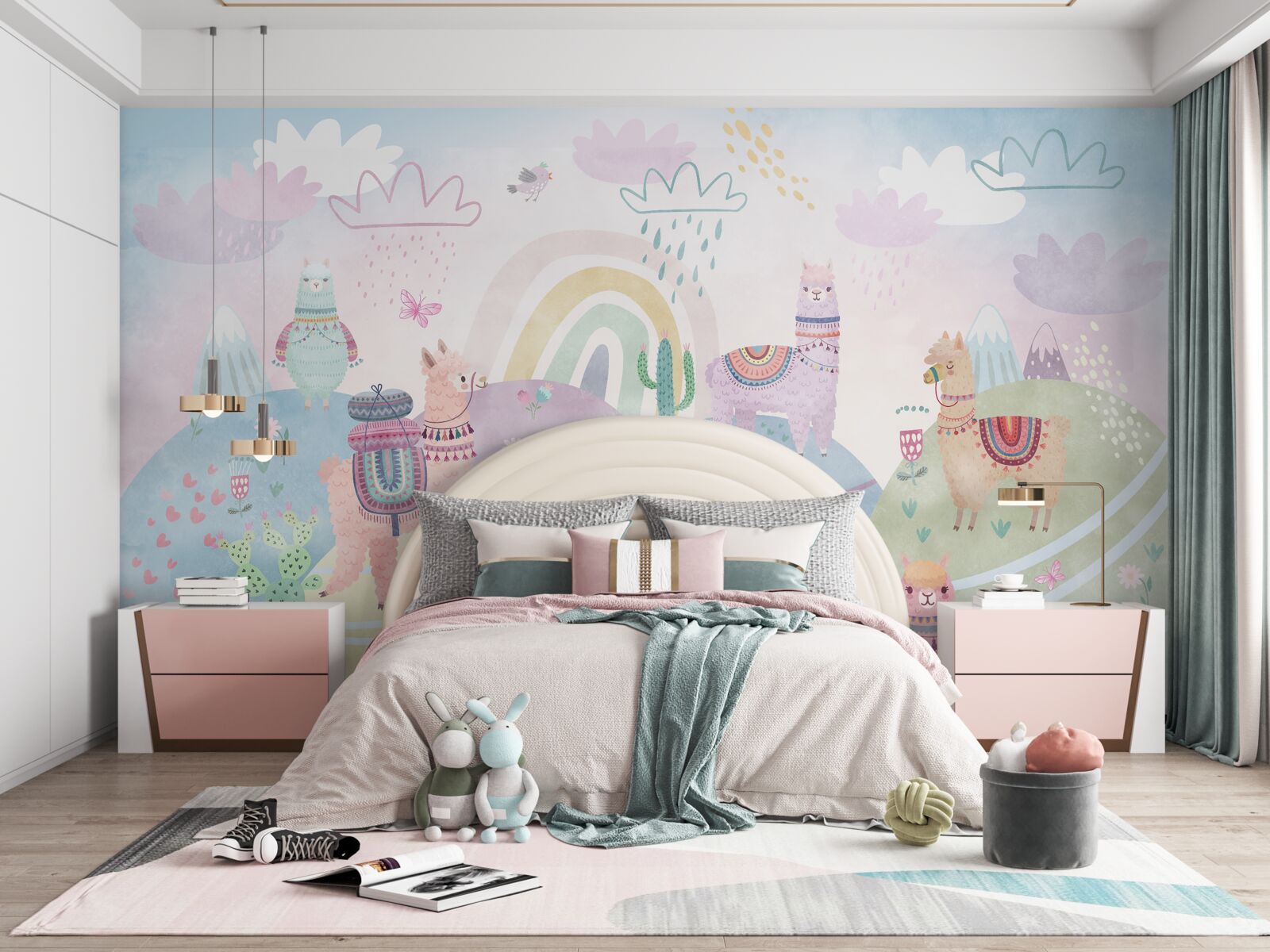 Fotobehang velden waar lama's lopen