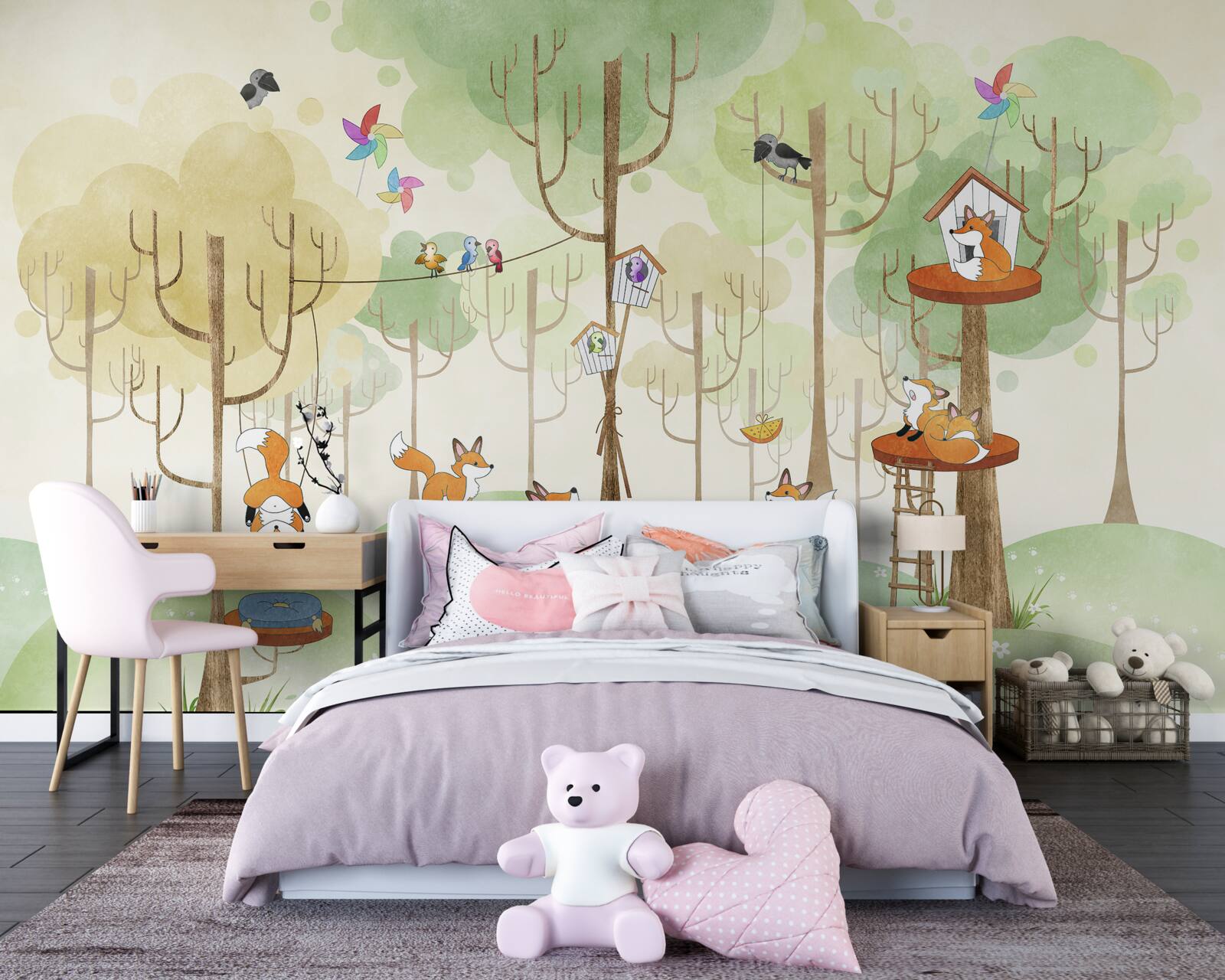 Fotobehang eekhoorns en vossen op boomtakken