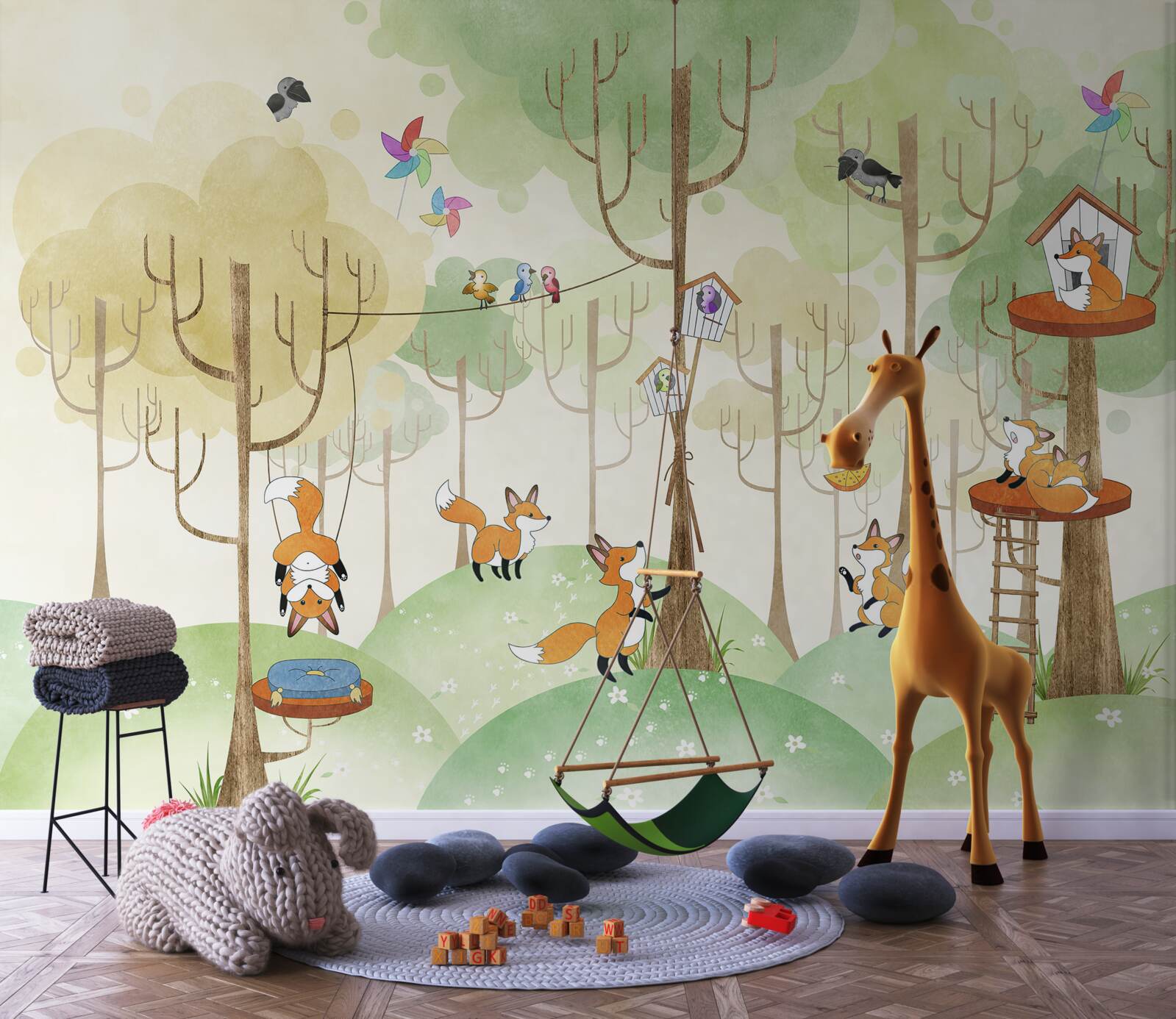 Fotobehang eekhoorns en vossen op boomtakken