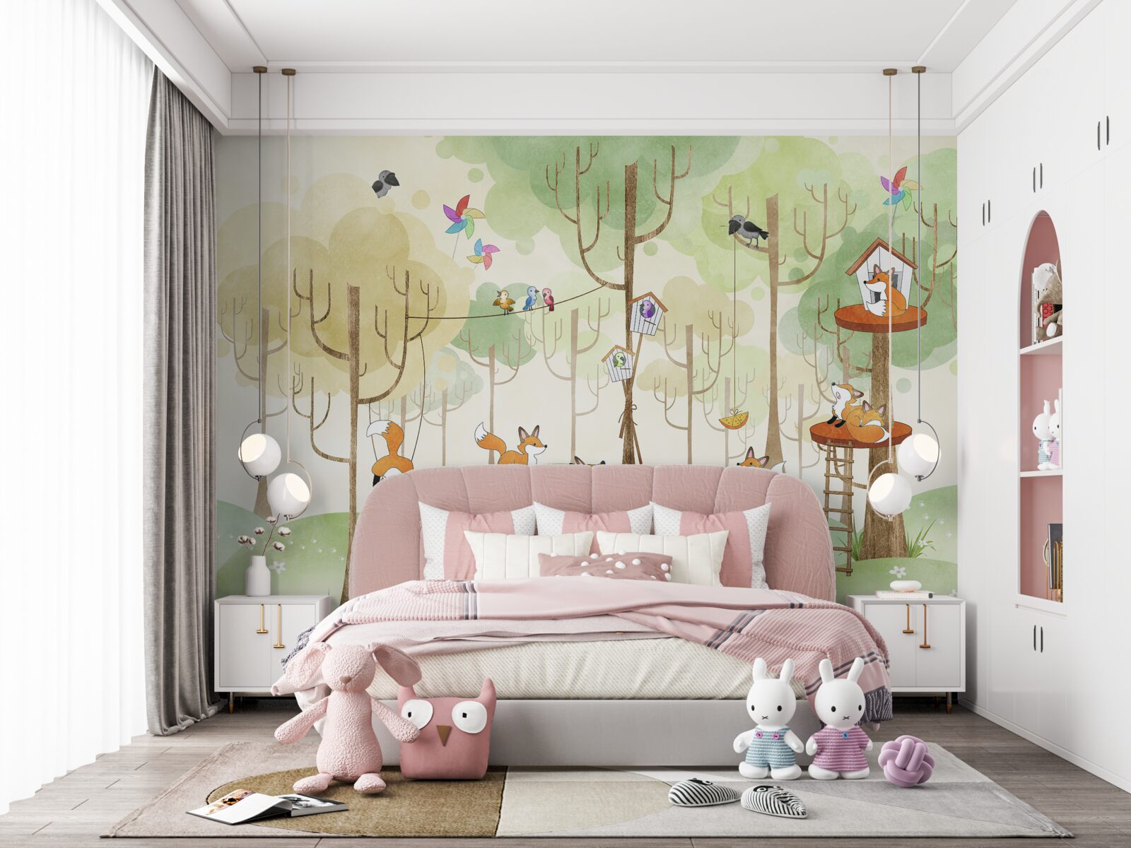 Fotobehang eekhoorns en vossen op boomtakken