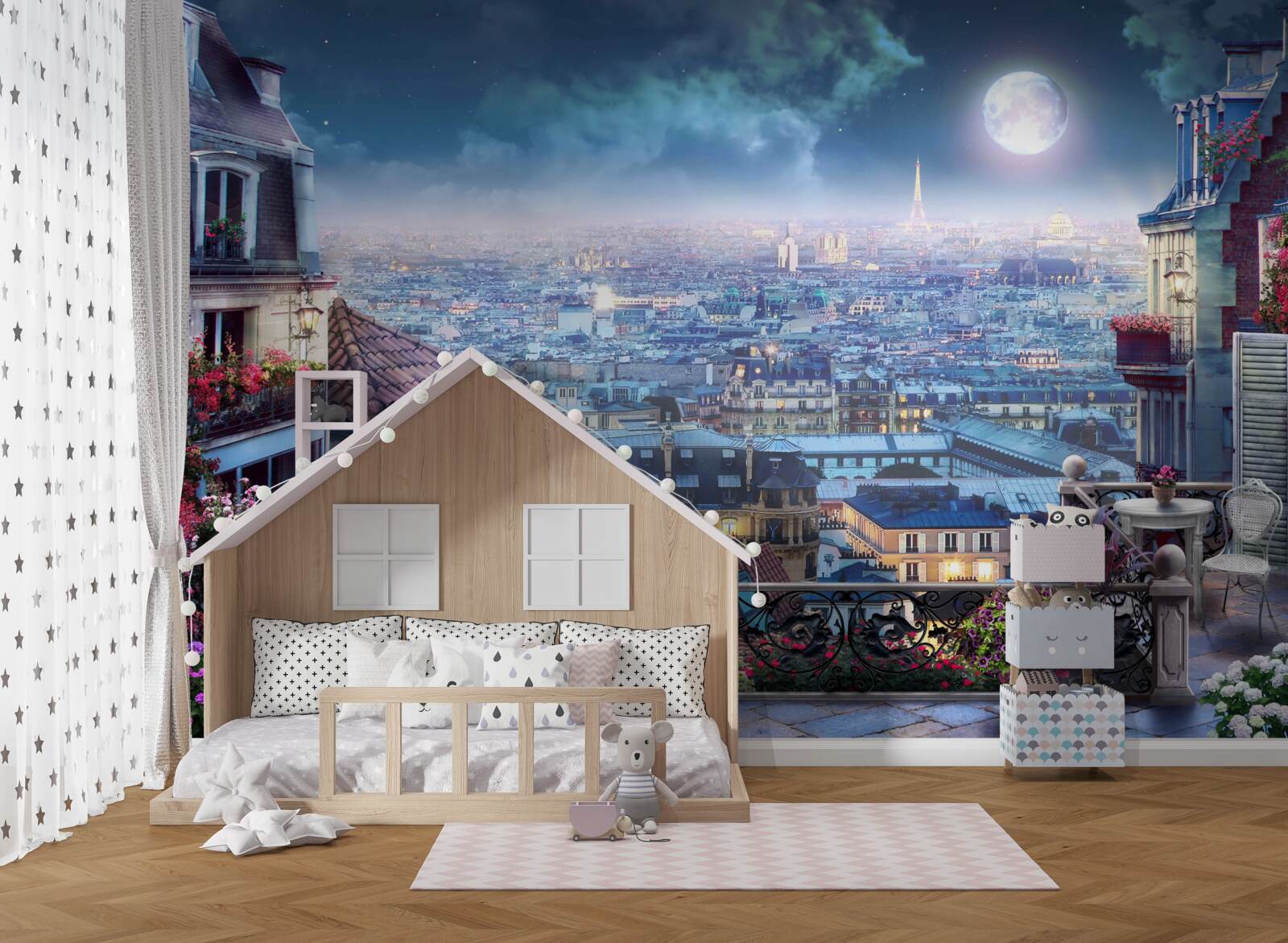 Fotobehang panorama van het slapende parijs vanaf een balkon