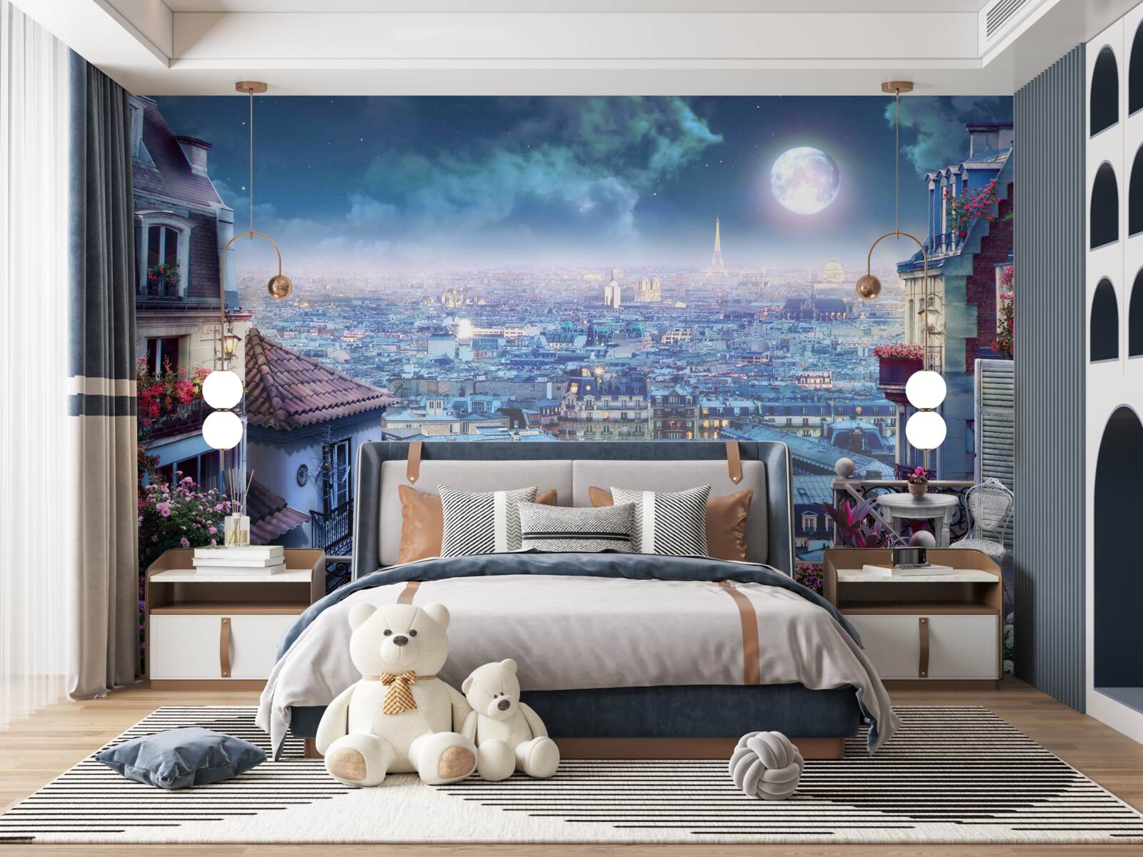 Fotobehang panorama van het slapende parijs vanaf een balkon