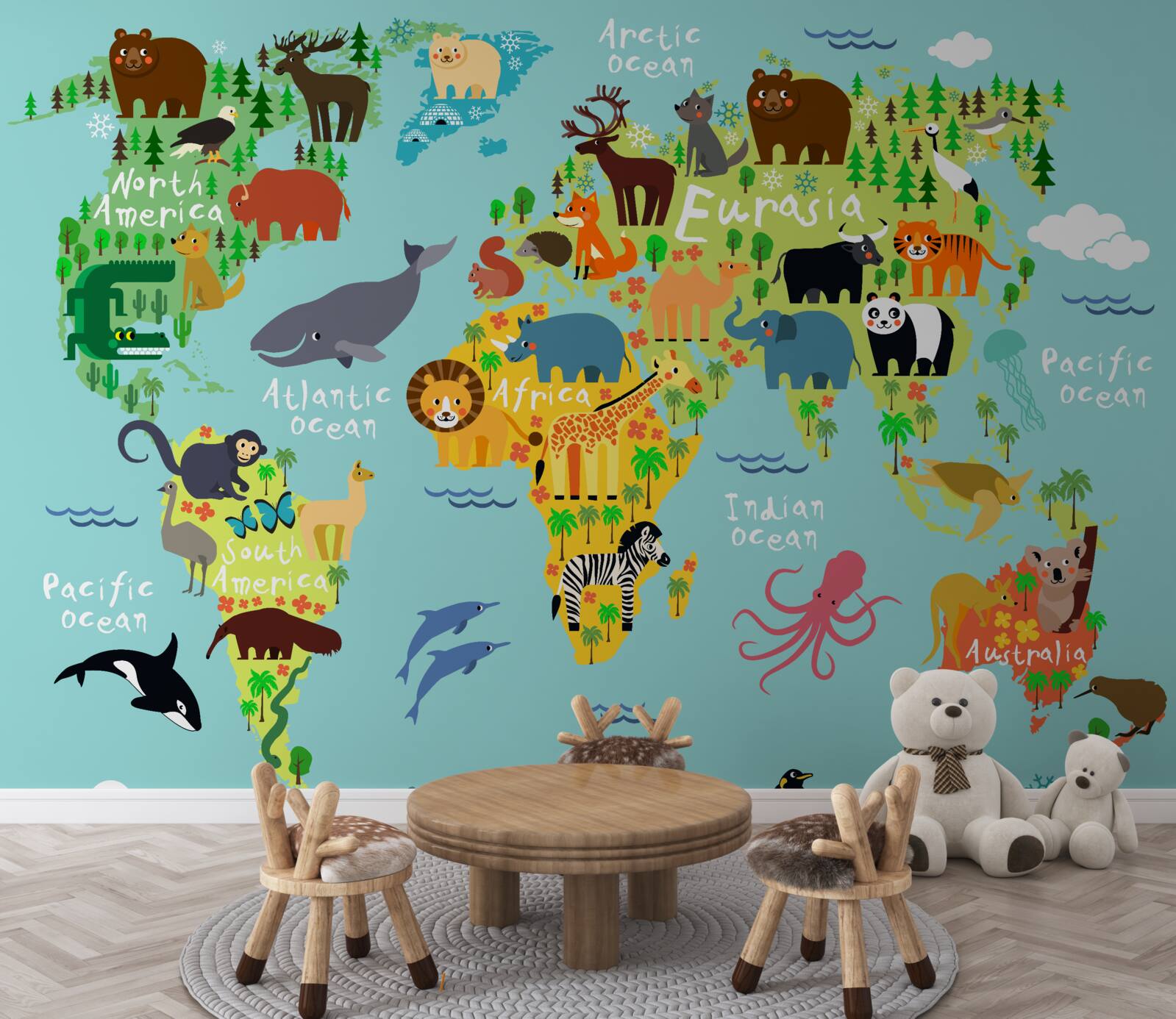 Fotobehang een wereldkaart voor kinderen en de continenten