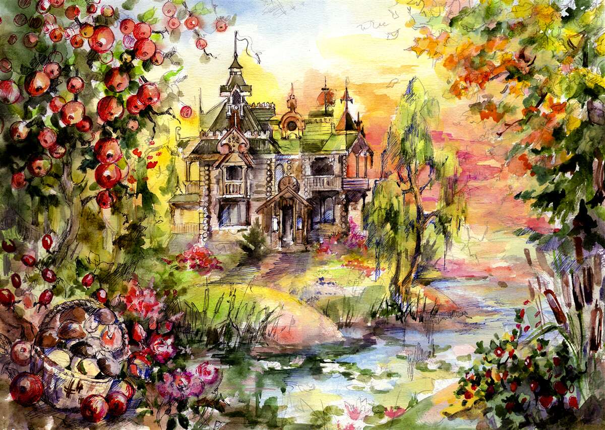 Fotobehang sprookjeshuis aan de oever van een bosrivier