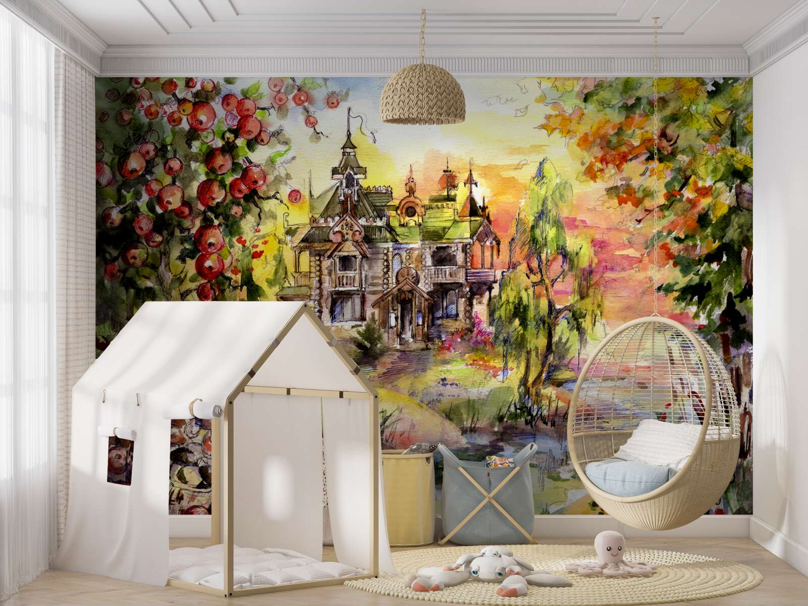 Fotobehang sprookjeshuis aan de oever van een bosrivier