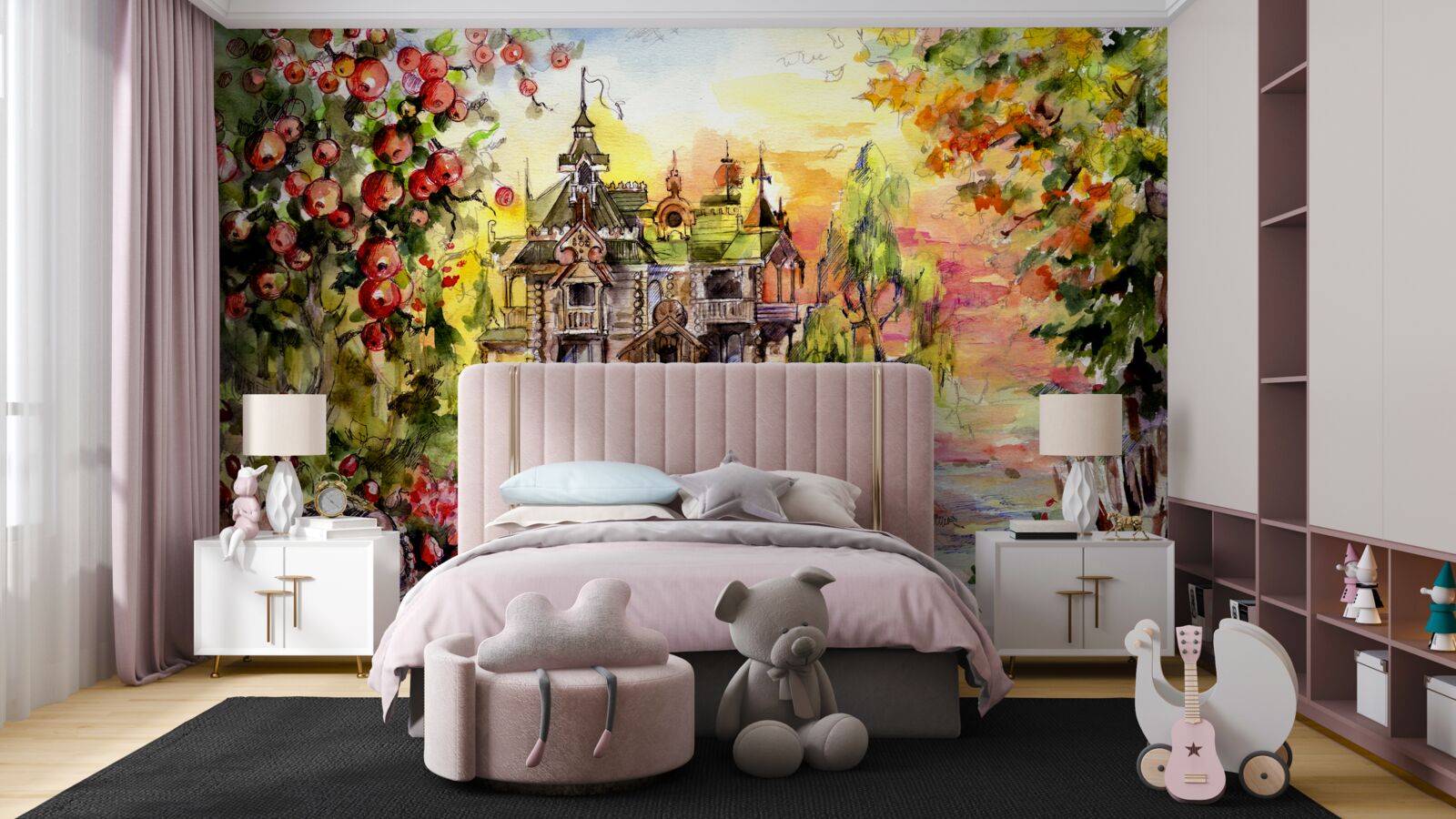 Fotobehang sprookjeshuis aan de oever van een bosrivier