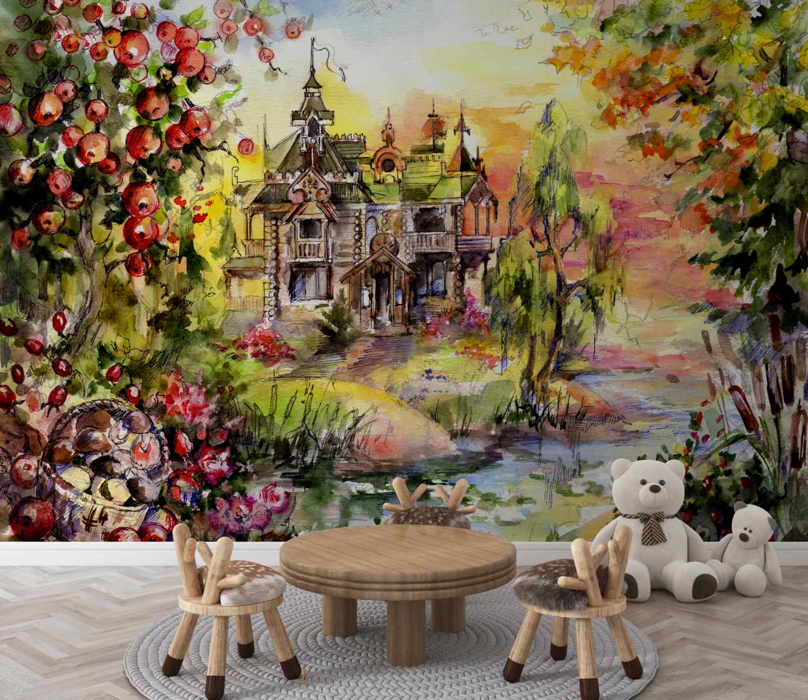 Fotobehang sprookjeshuis aan de oever van een bosrivier