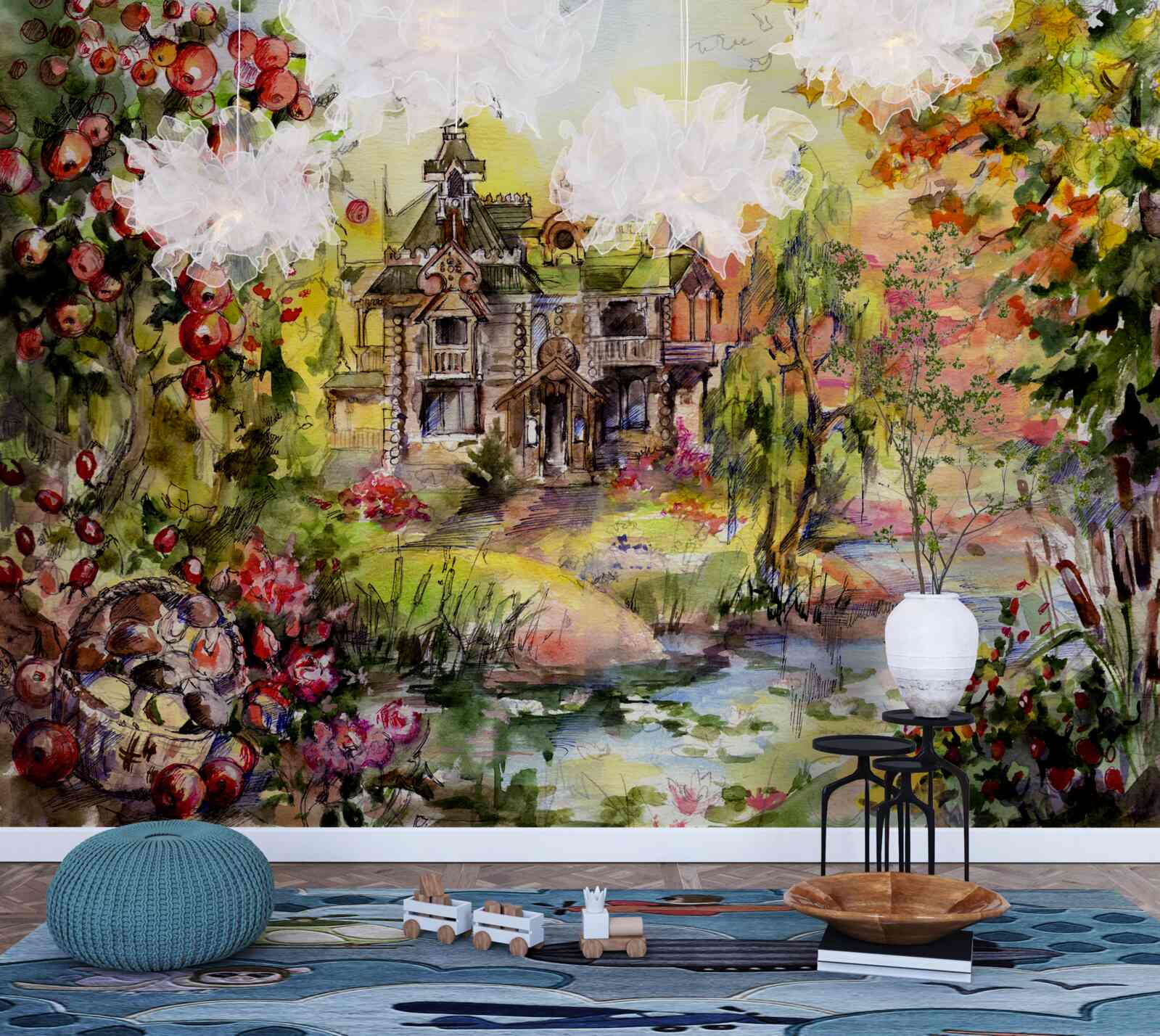 Fotobehang sprookjeshuis aan de oever van een bosrivier