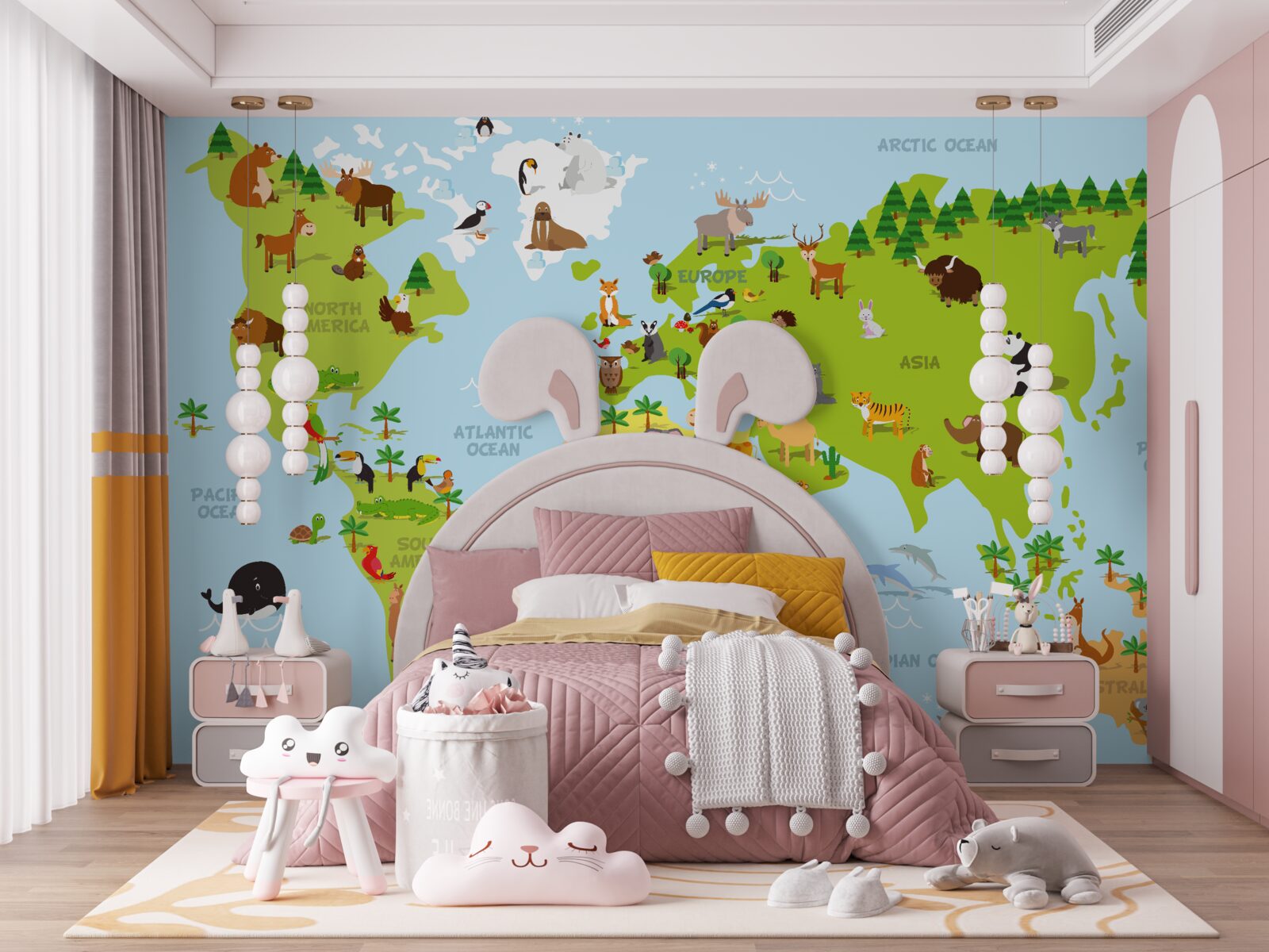 Fotobehang de continenten en hun belangrijkste bewoners