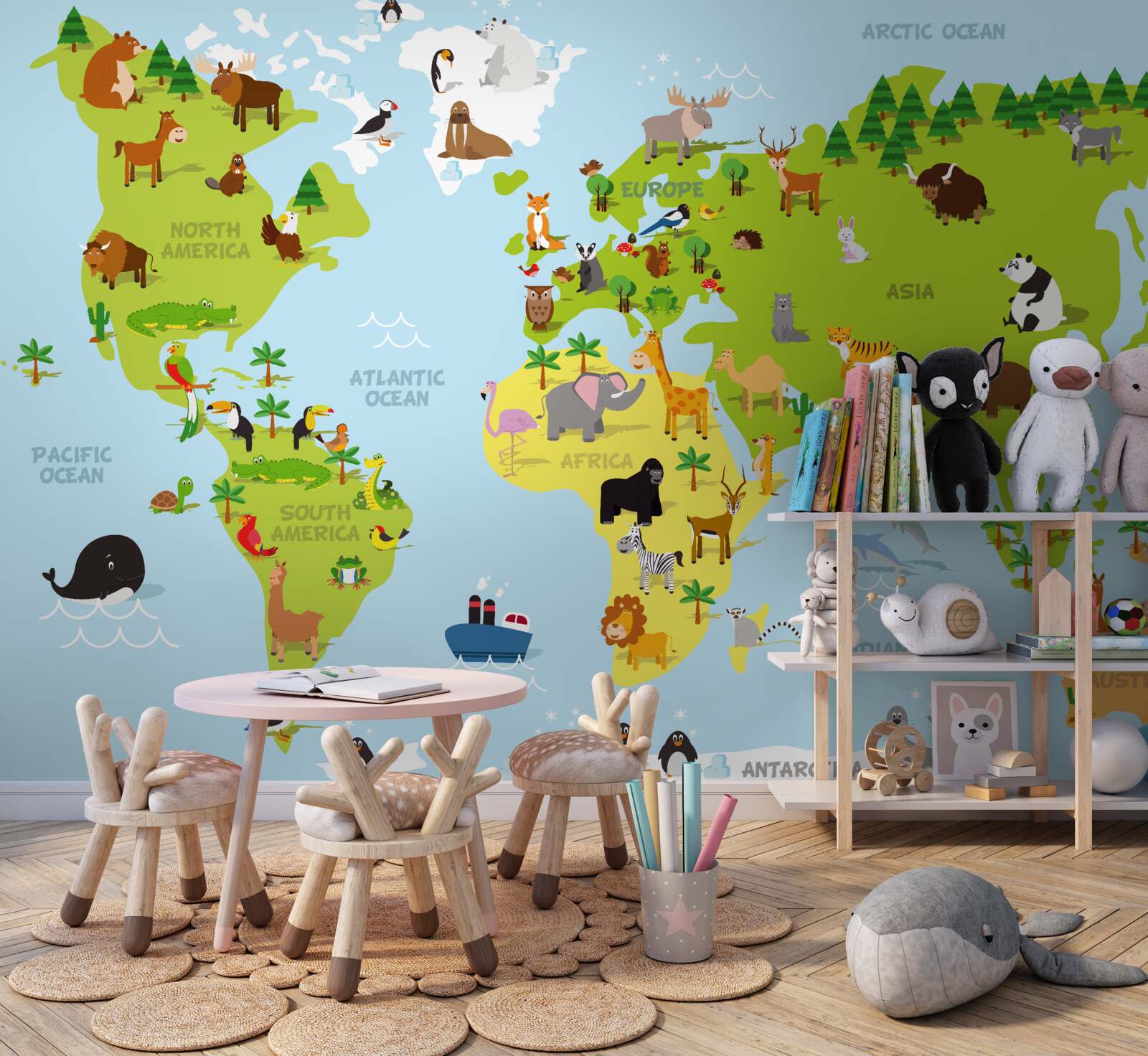 Fotobehang de continenten en hun belangrijkste bewoners