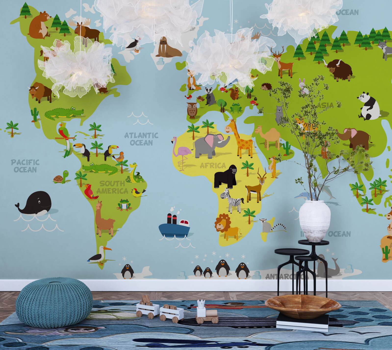 Fotobehang de continenten en hun belangrijkste bewoners