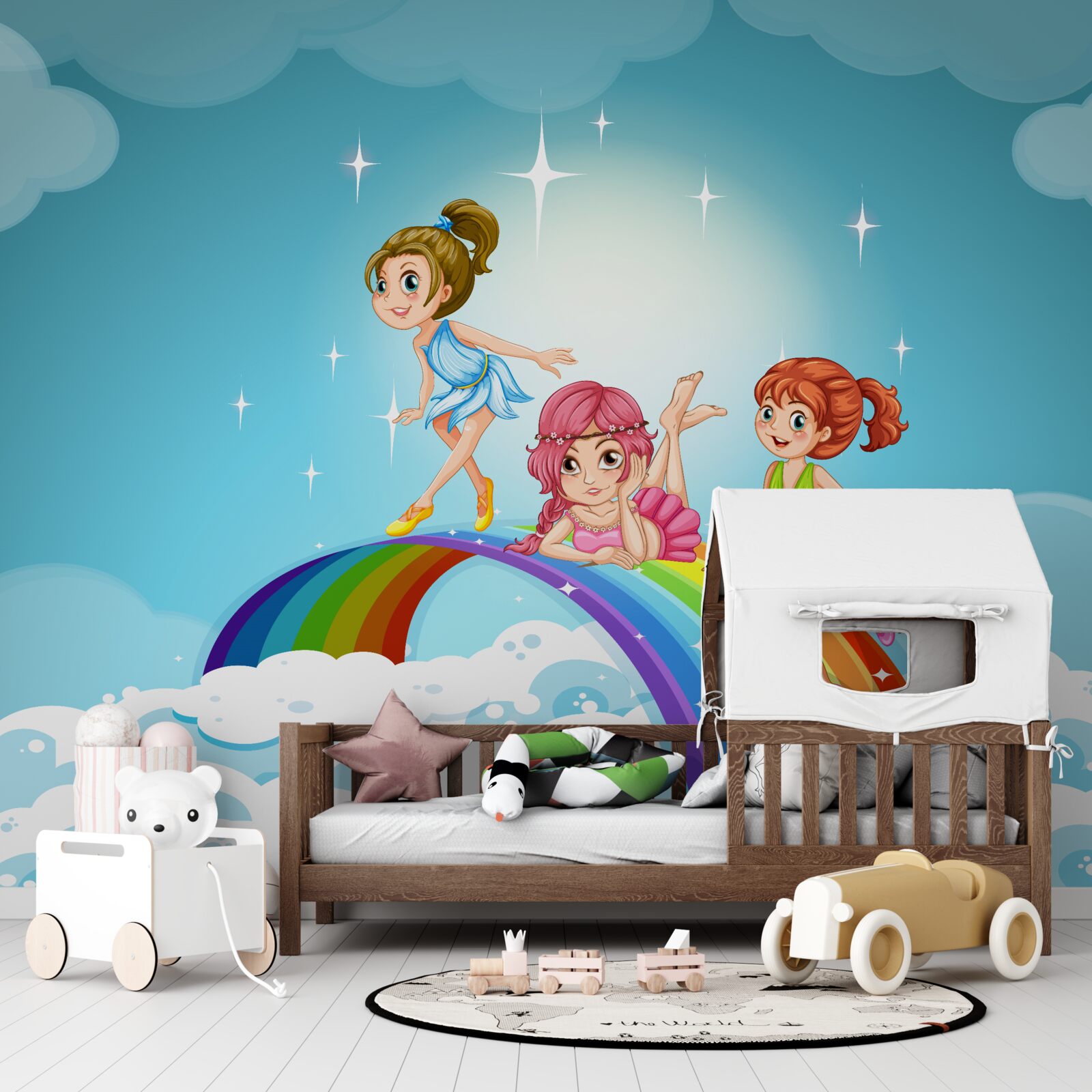 Fotobehang meisjes tussen de wolken op de regenboog