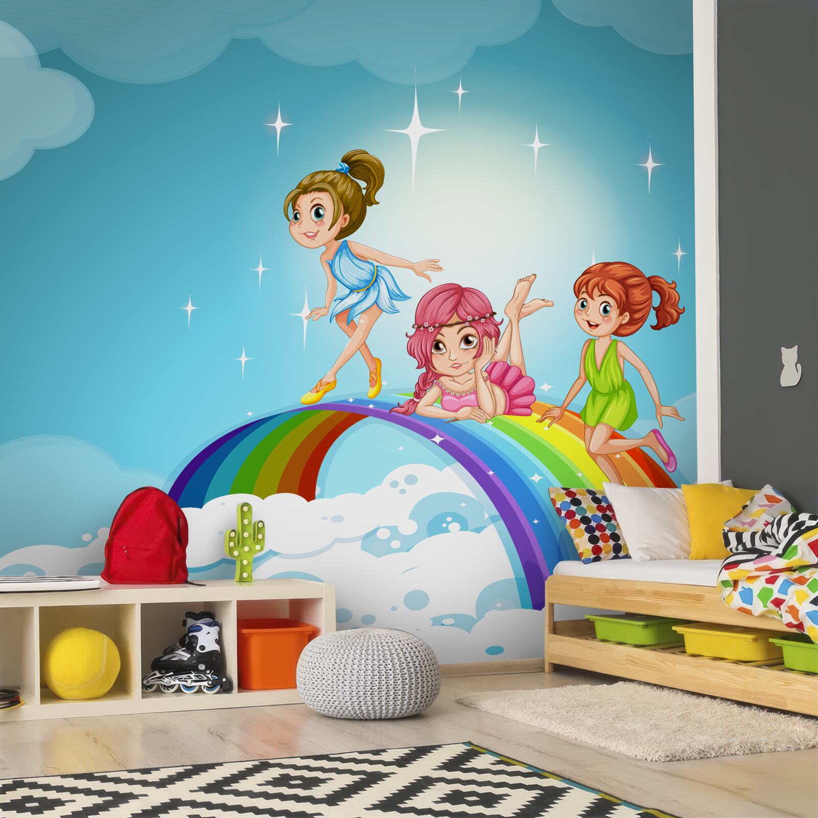 Fotobehang meisjes tussen de wolken op de regenboog