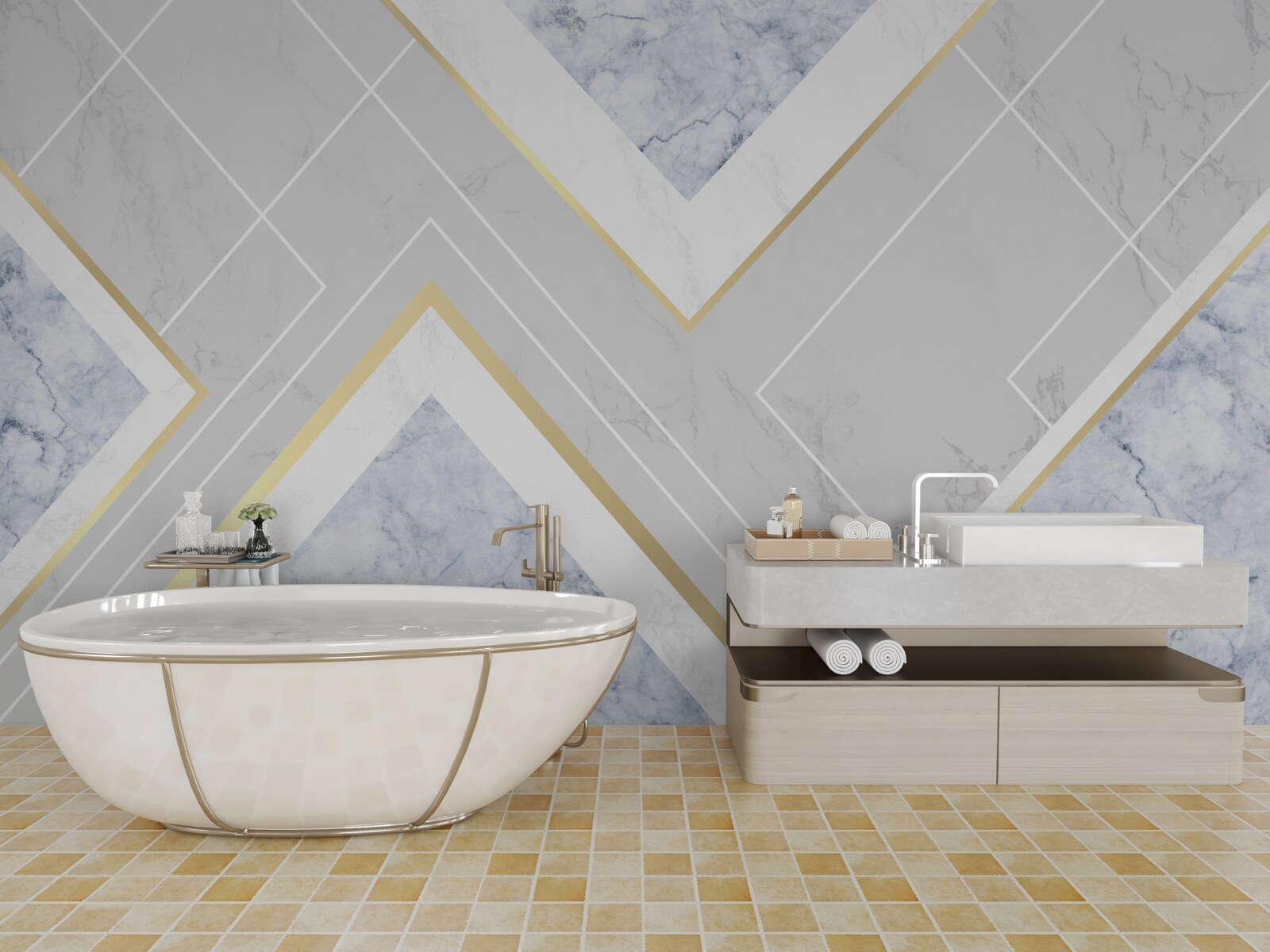 Fotobehang geometrisch correcte patronen op een marmeren oppervlak