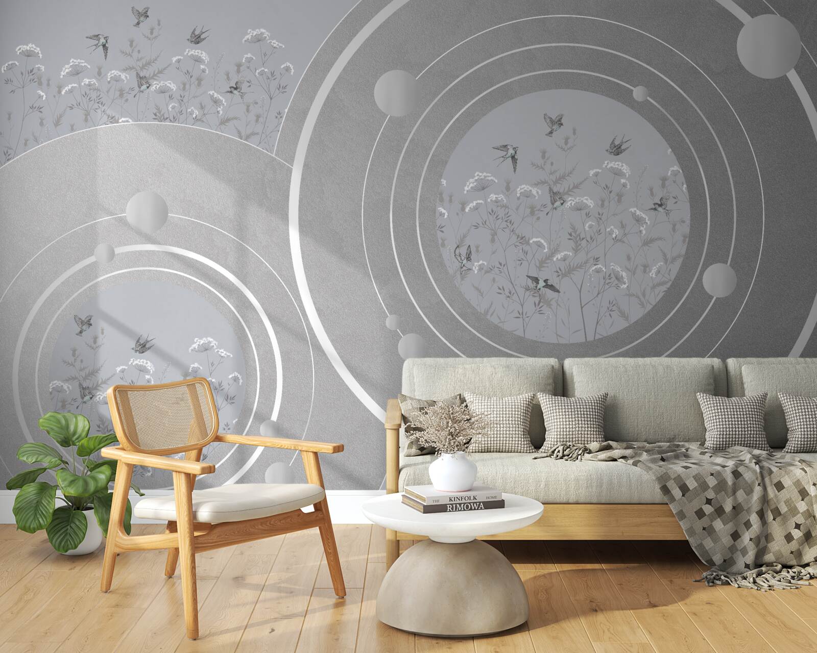 Fotobehang bloemvormen en abstracte cirkels