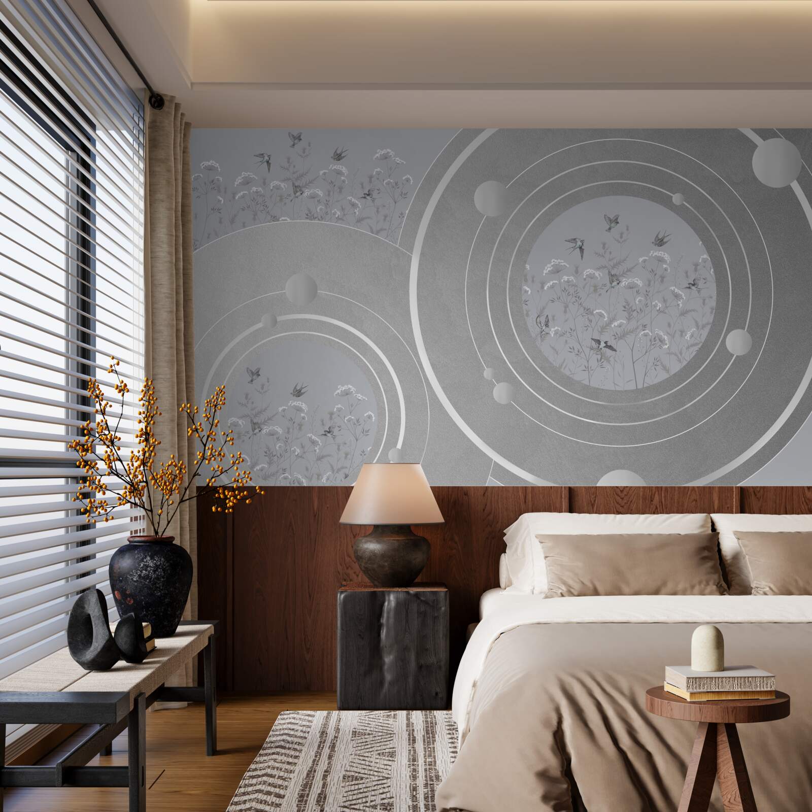 Fotobehang bloemvormen en abstracte cirkels