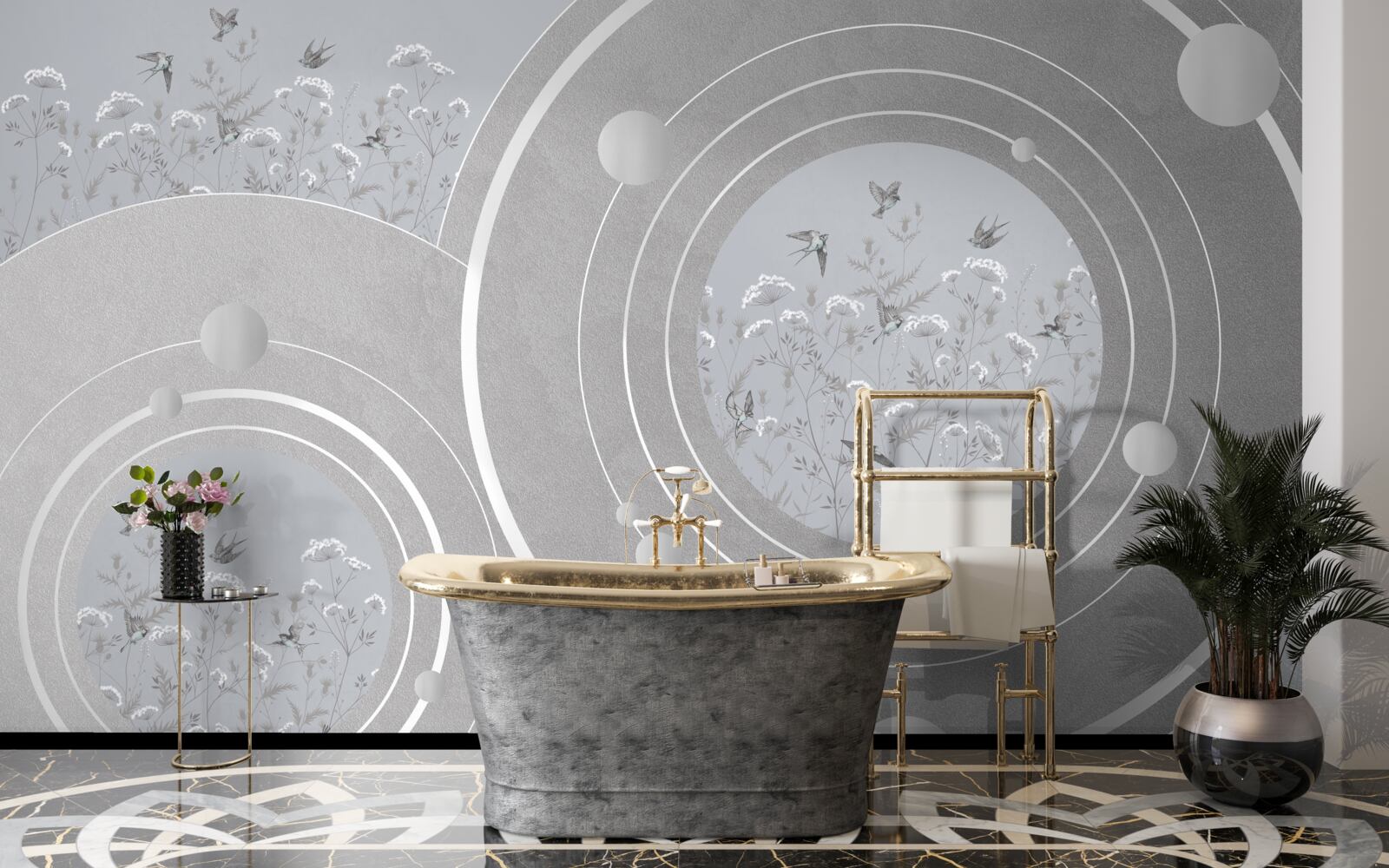 Fotobehang bloemvormen en abstracte cirkels