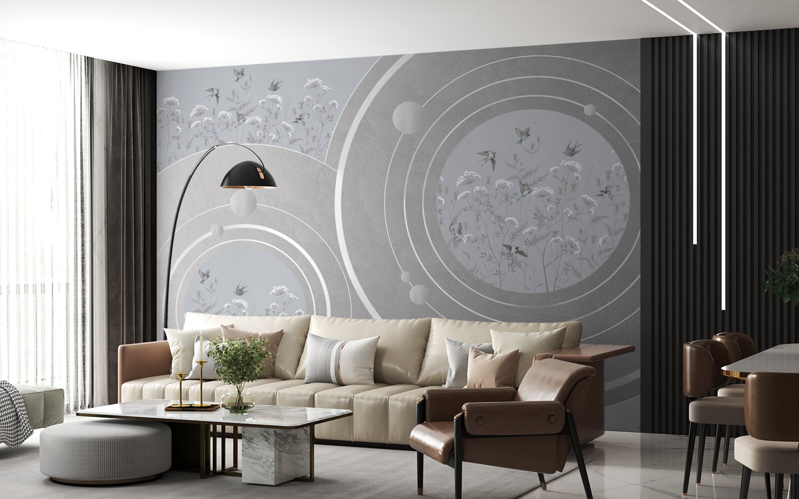 Fotobehang bloemvormen en abstracte cirkels