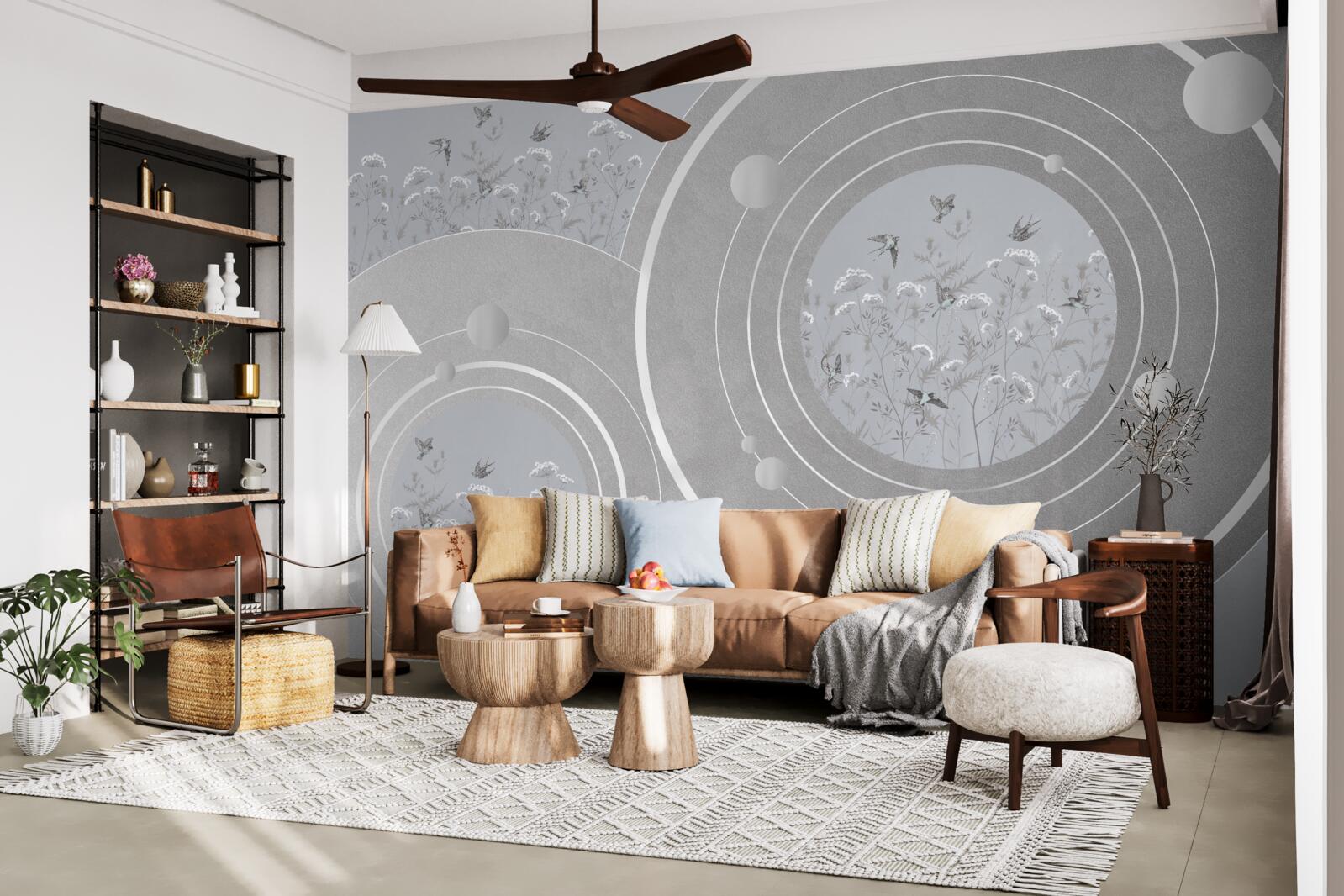 Fotobehang bloemvormen en abstracte cirkels