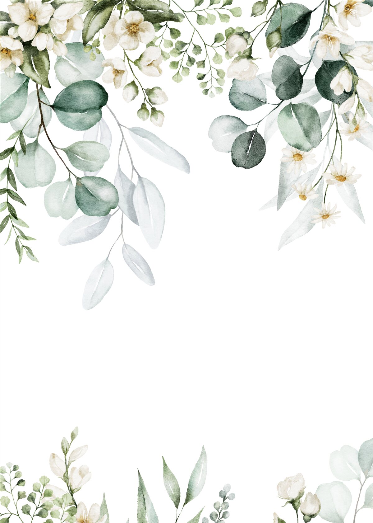 Fotobehang witte bloemen en eucalyptus