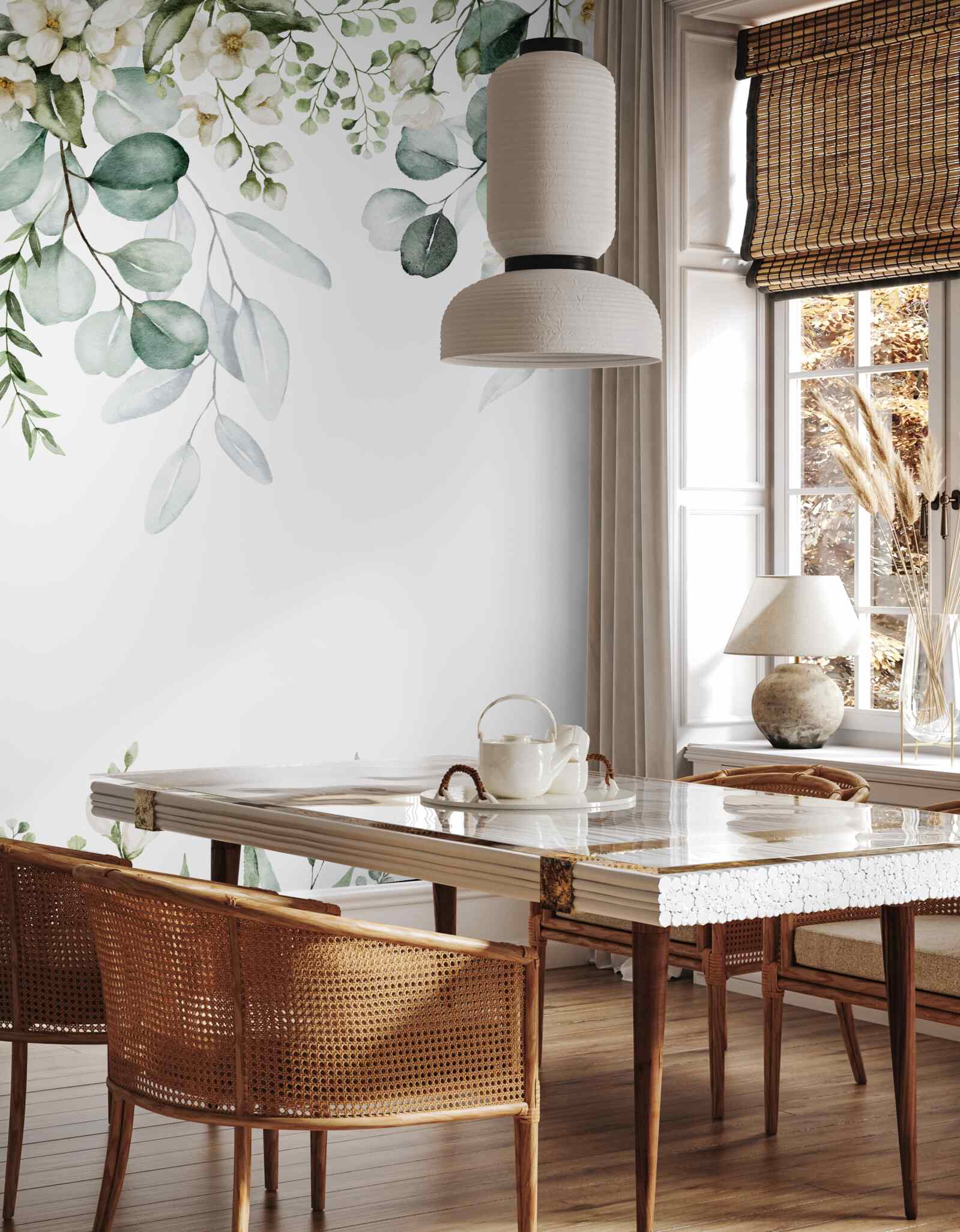 Fotobehang witte bloemen en eucalyptus