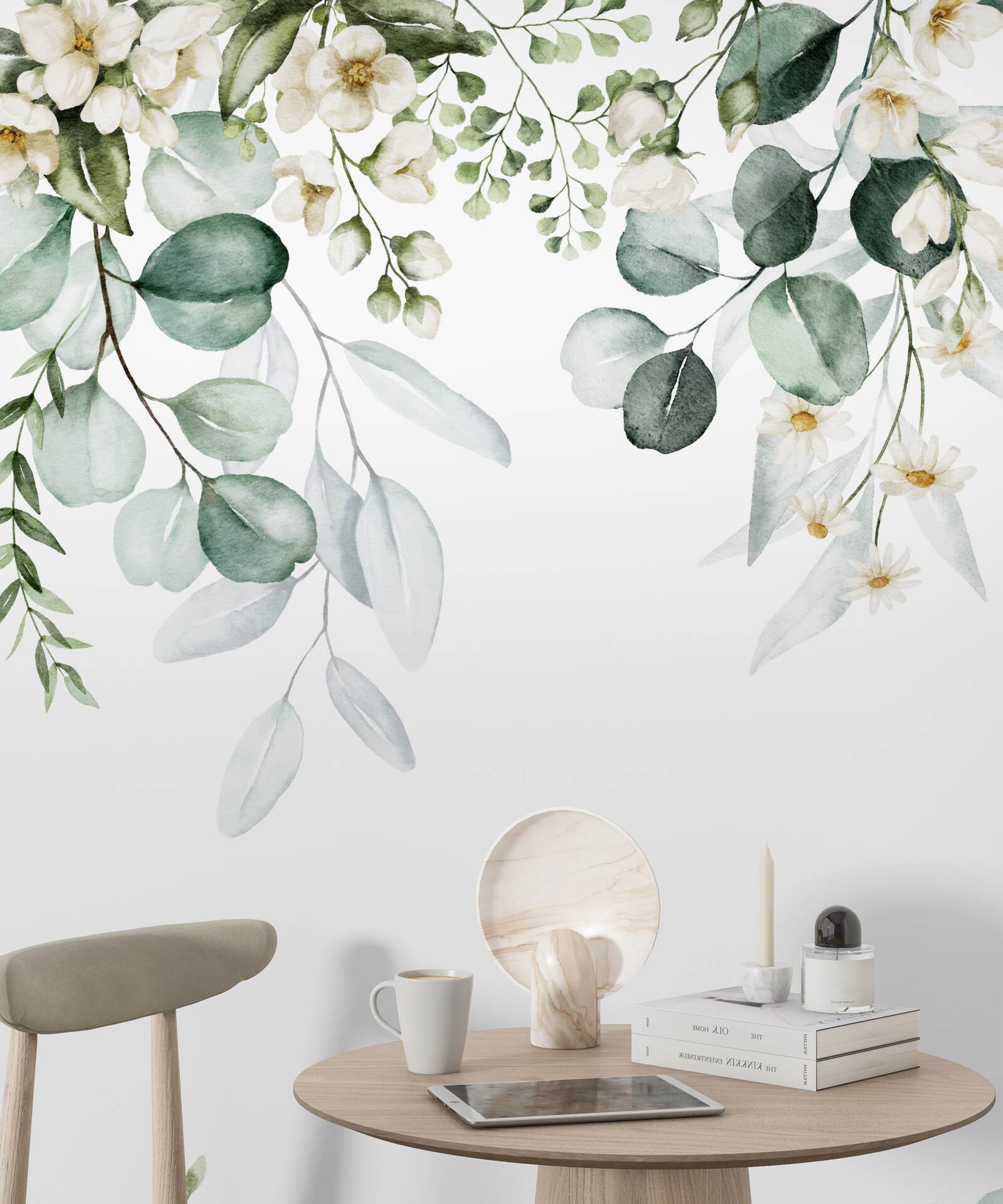 Fotobehang witte bloemen en eucalyptus