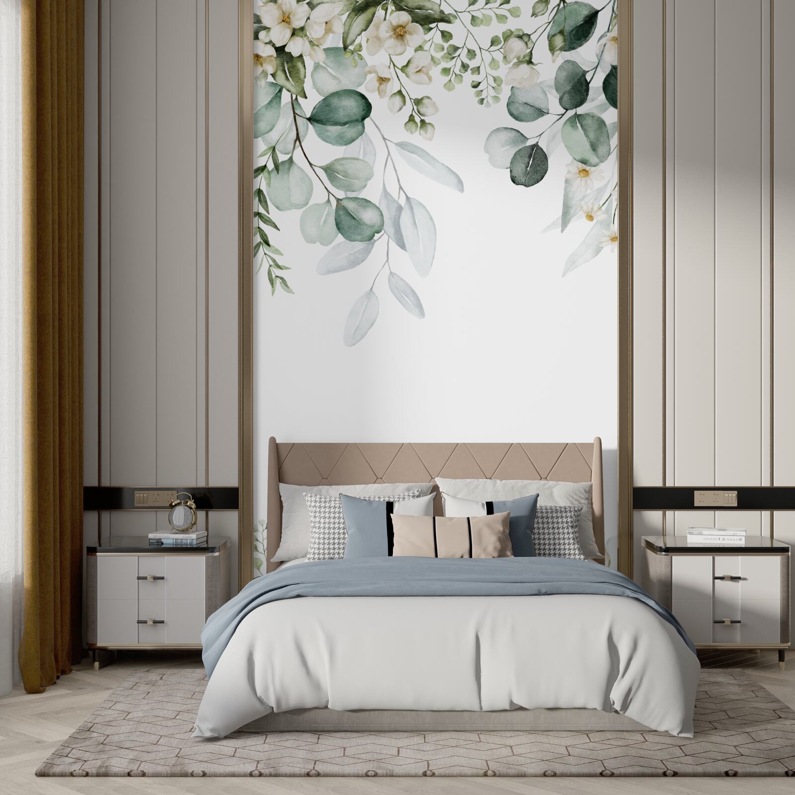 Fotobehang witte bloemen en eucalyptus