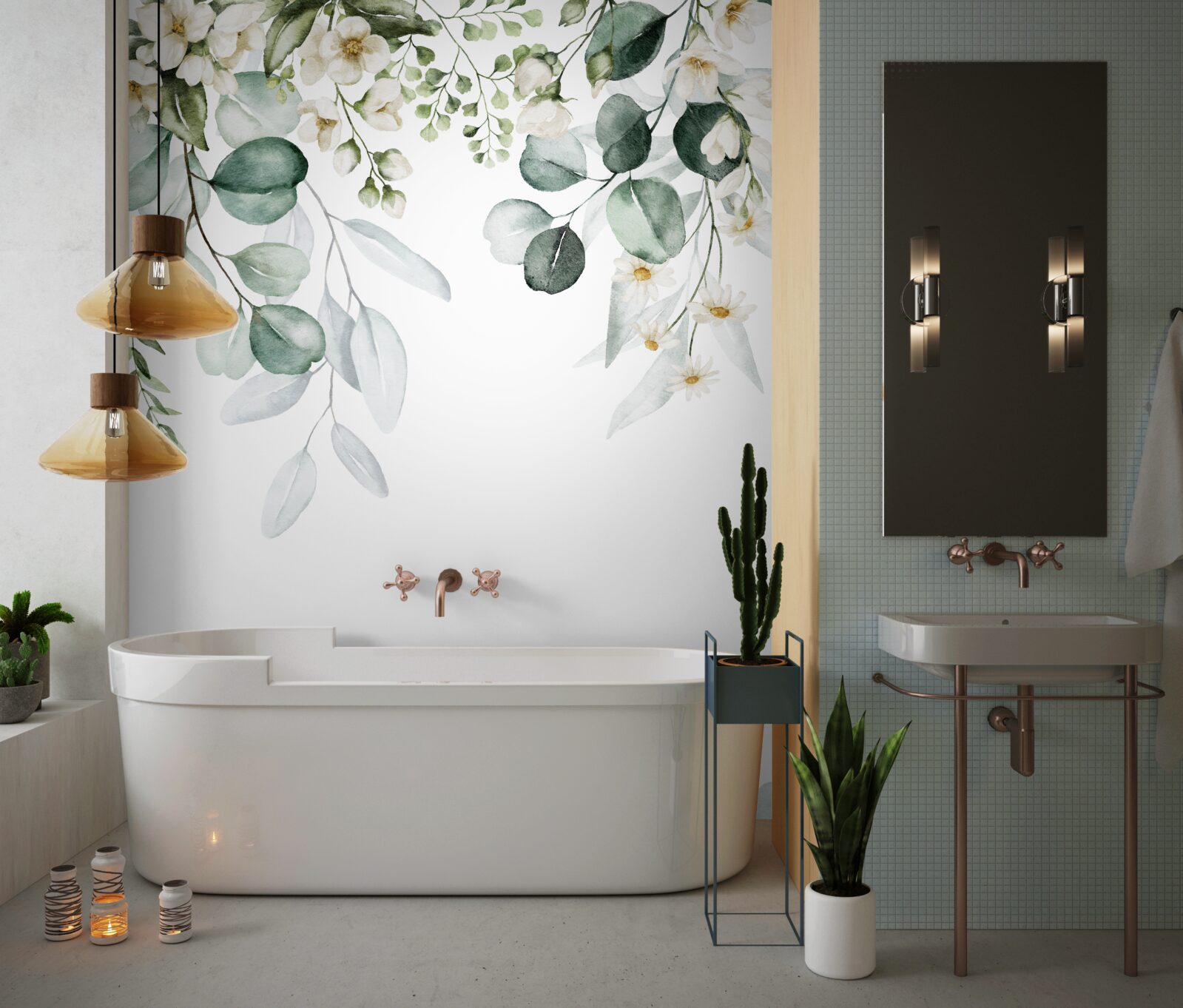 Fotobehang witte bloemen en eucalyptus