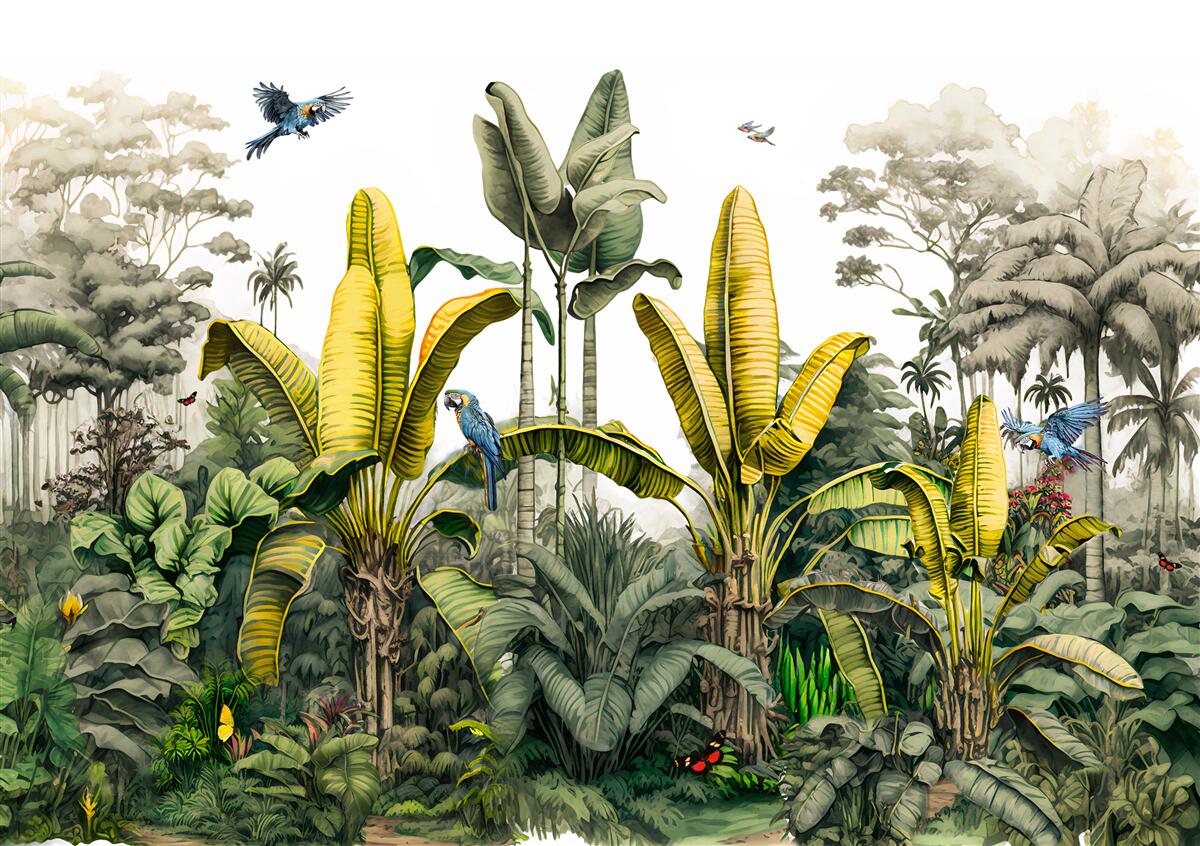 Fotobehang tropische planten, waaronder hoge palmen