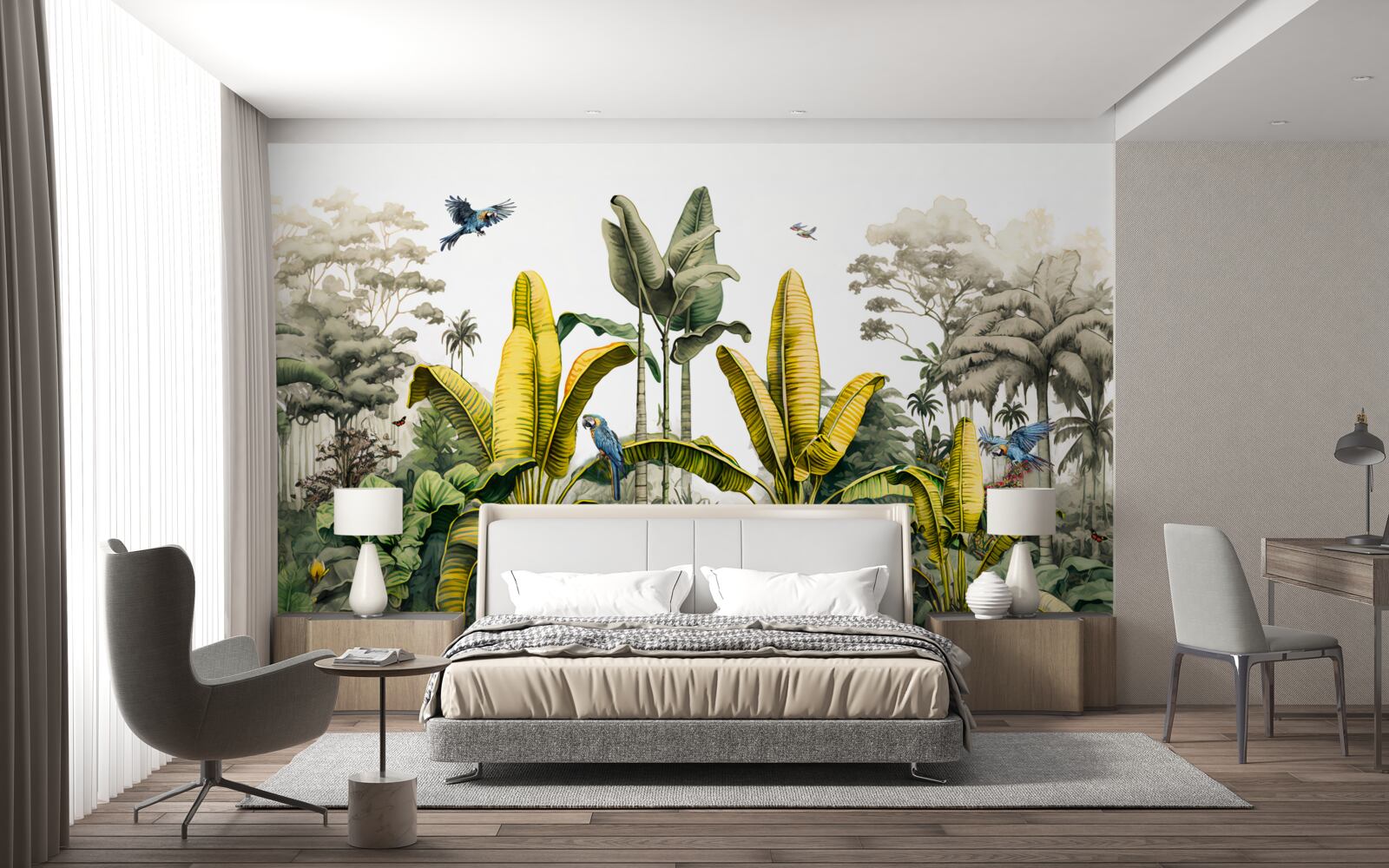 Fotobehang tropische planten, waaronder hoge palmen