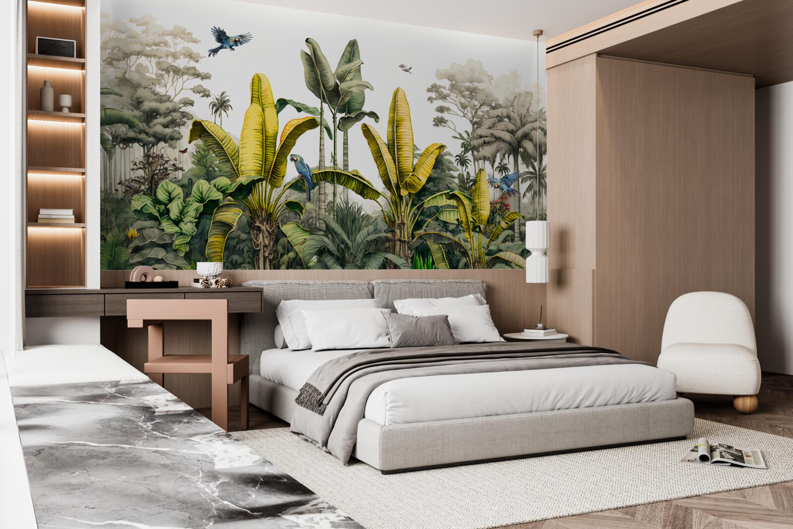 Fotobehang tropische planten, waaronder hoge palmen