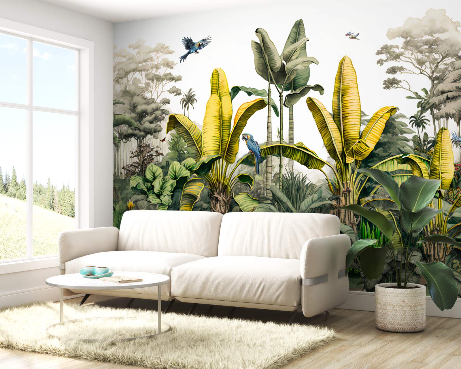 Fotobehang tropische planten, waaronder hoge palmen