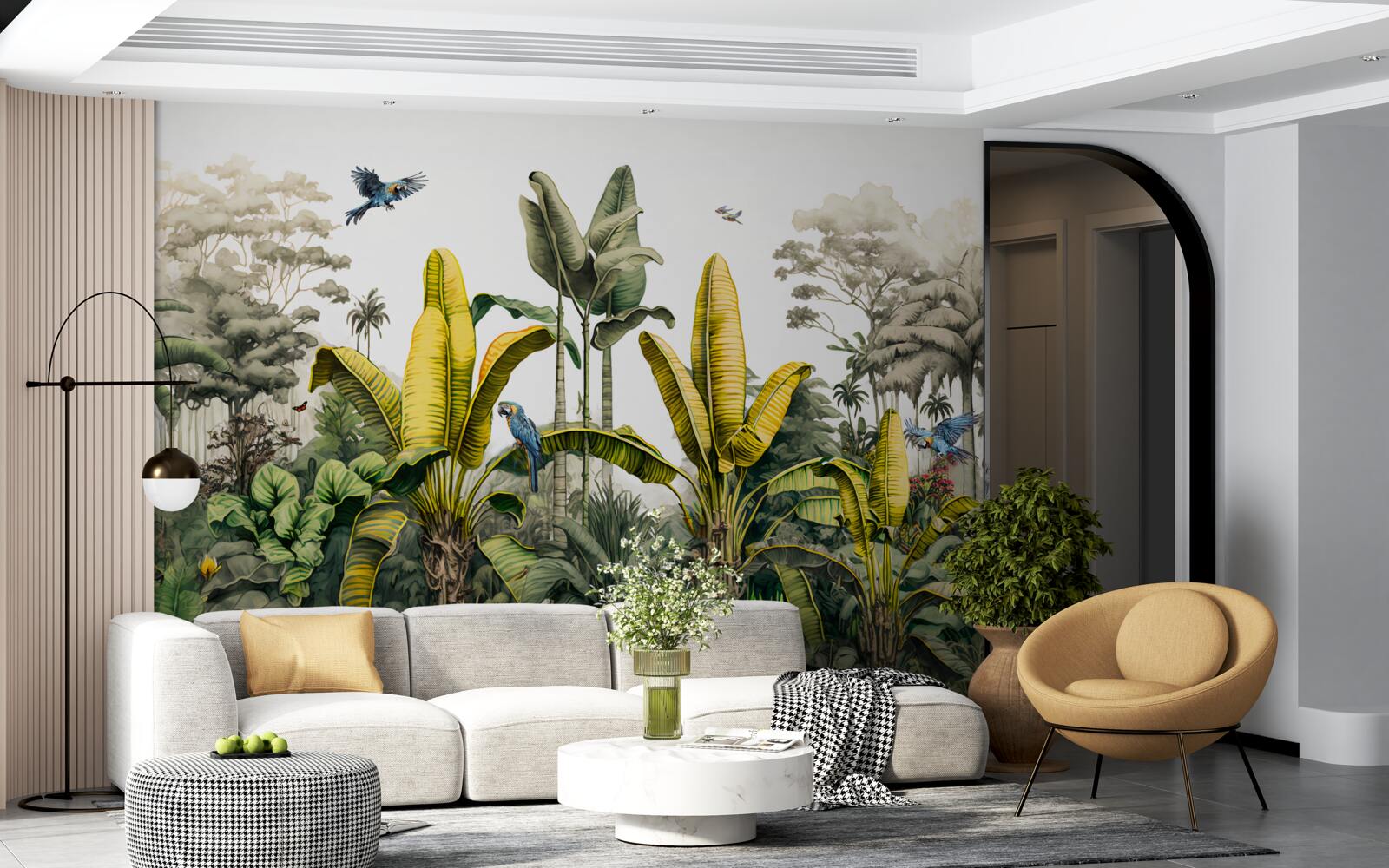 Fotobehang tropische planten, waaronder hoge palmen