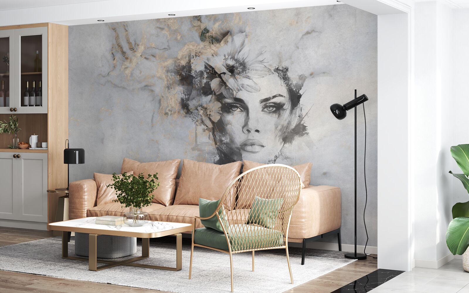 Fotobehang bloemen en een meisje in aquarel