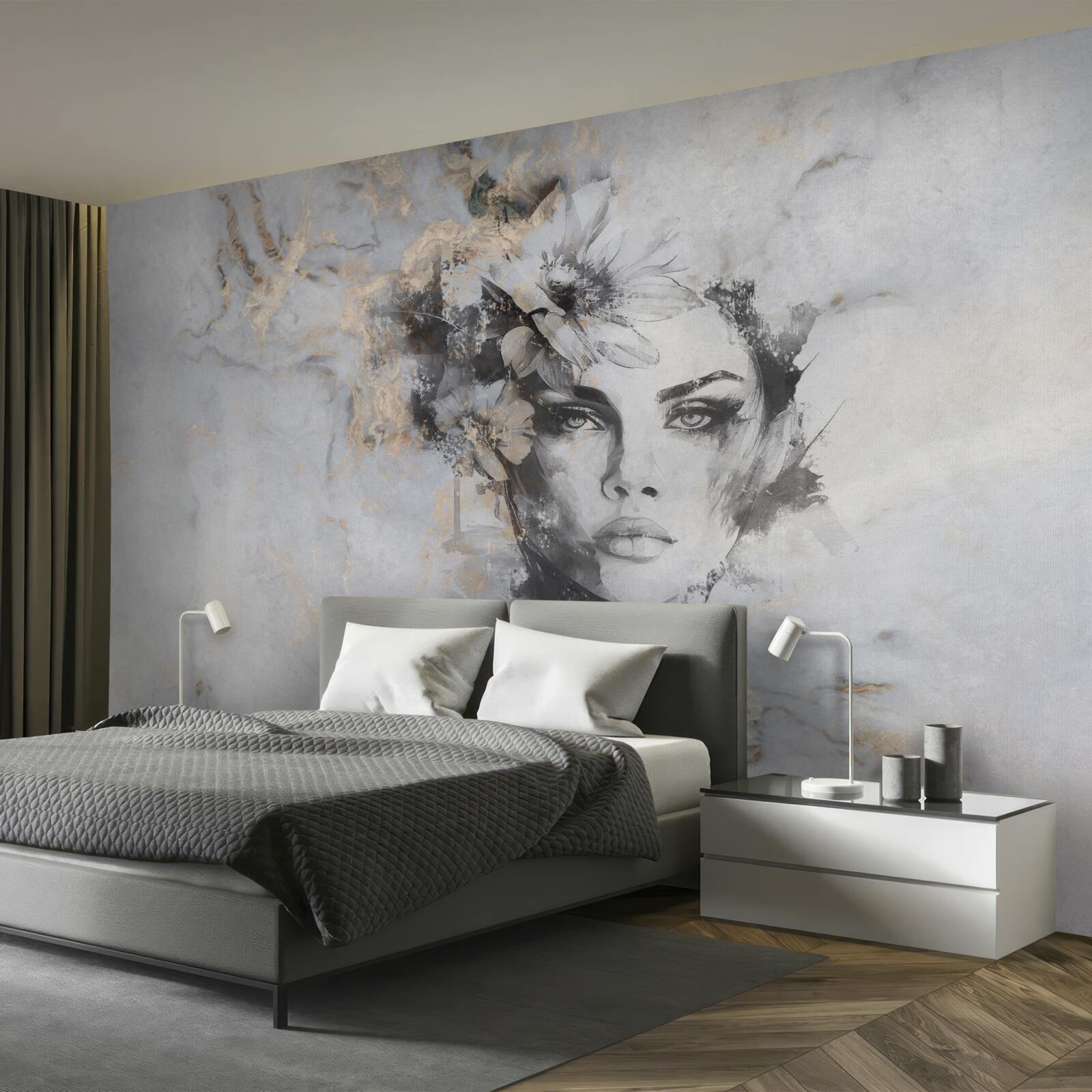 Fotobehang bloemen en een meisje in aquarel