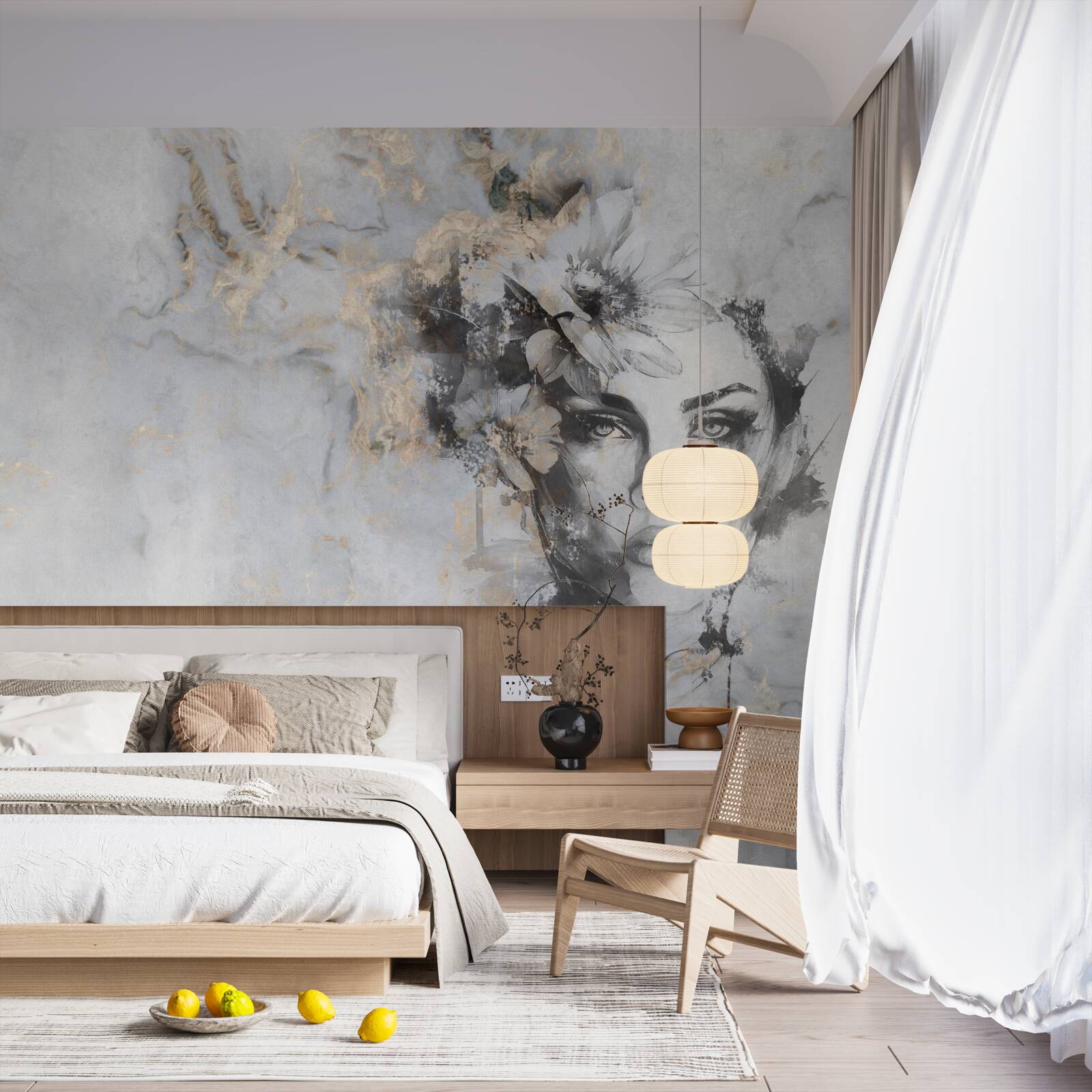 Fotobehang bloemen en een meisje in aquarel