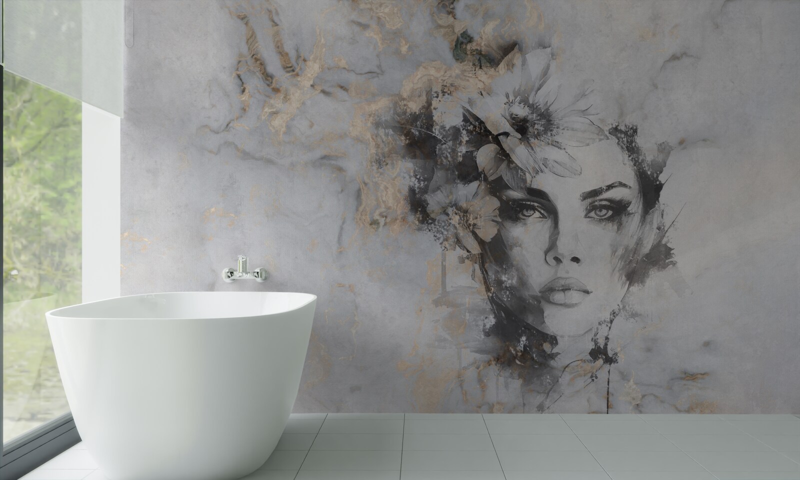 Fotobehang bloemen en een meisje in aquarel