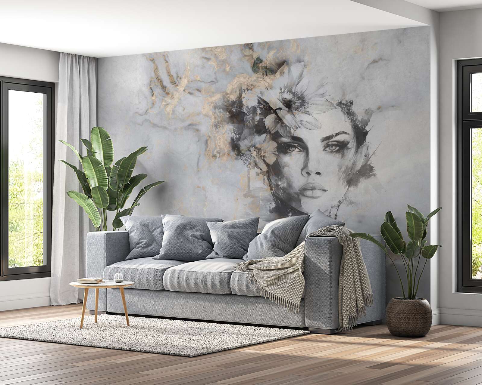 Fotobehang bloemen en een meisje in aquarel