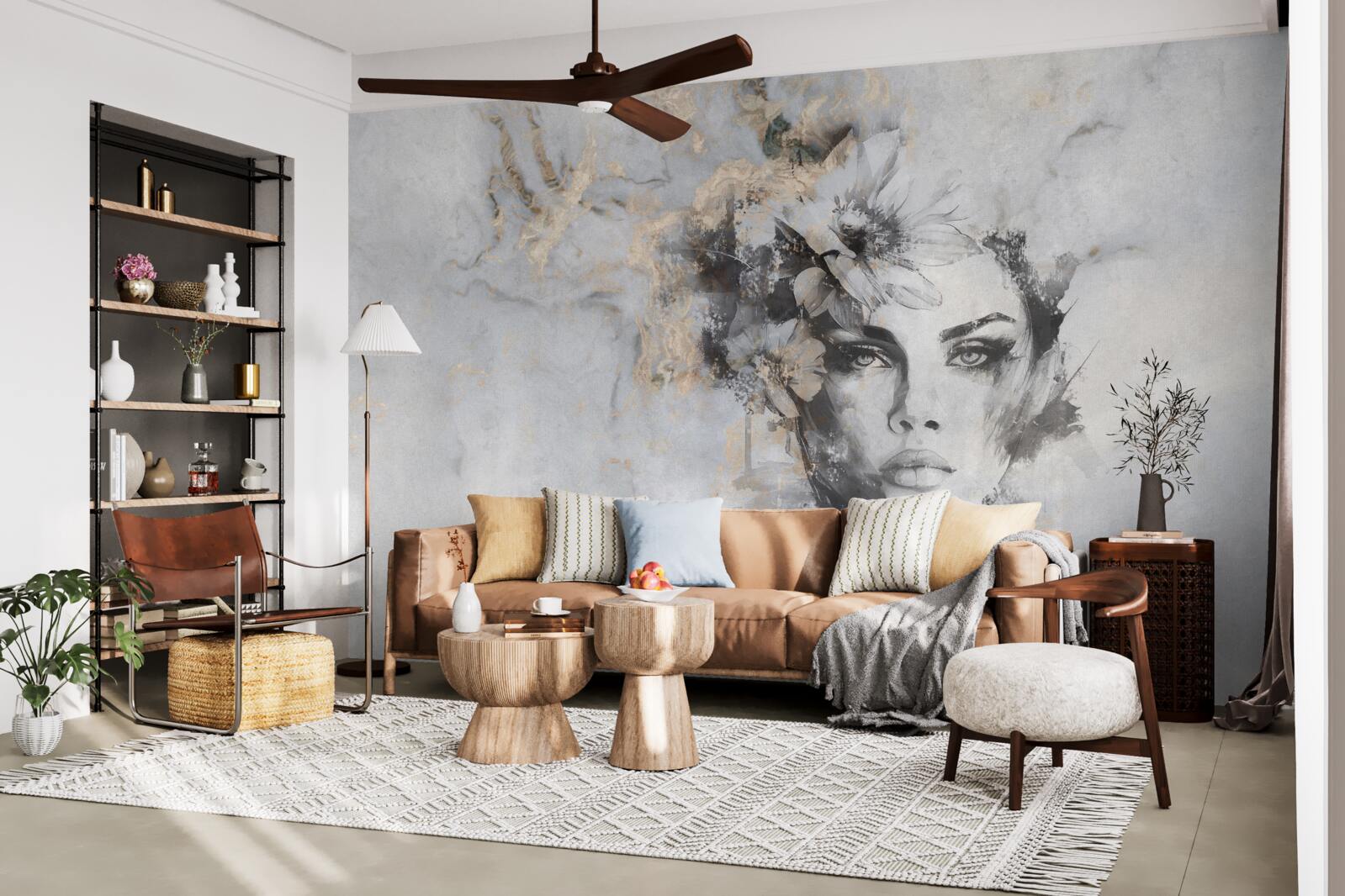 Fotobehang bloemen en een meisje in aquarel