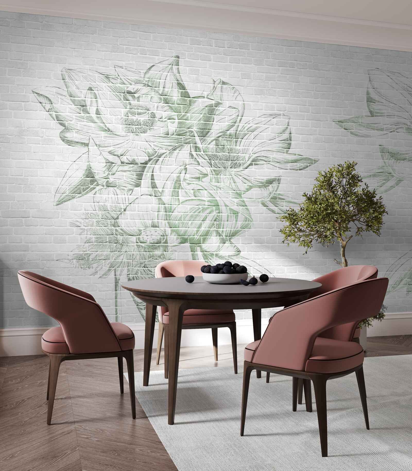 Fotobehang bakstenen muur en bloemen