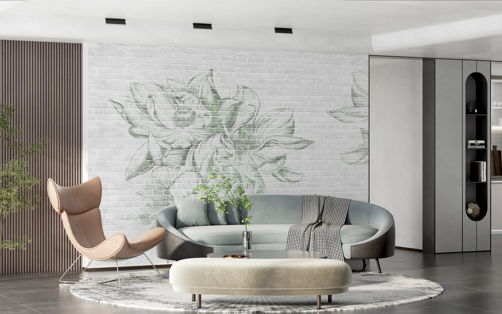 Fotobehang bakstenen muur en bloemen