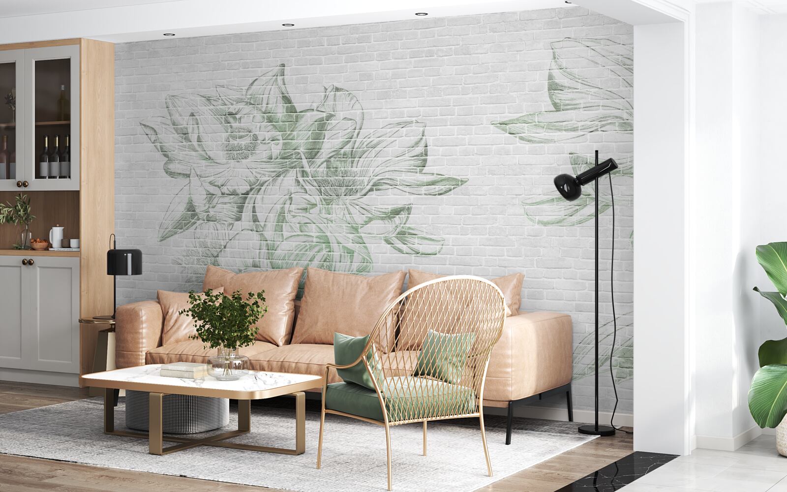 Fotobehang bakstenen muur en bloemen